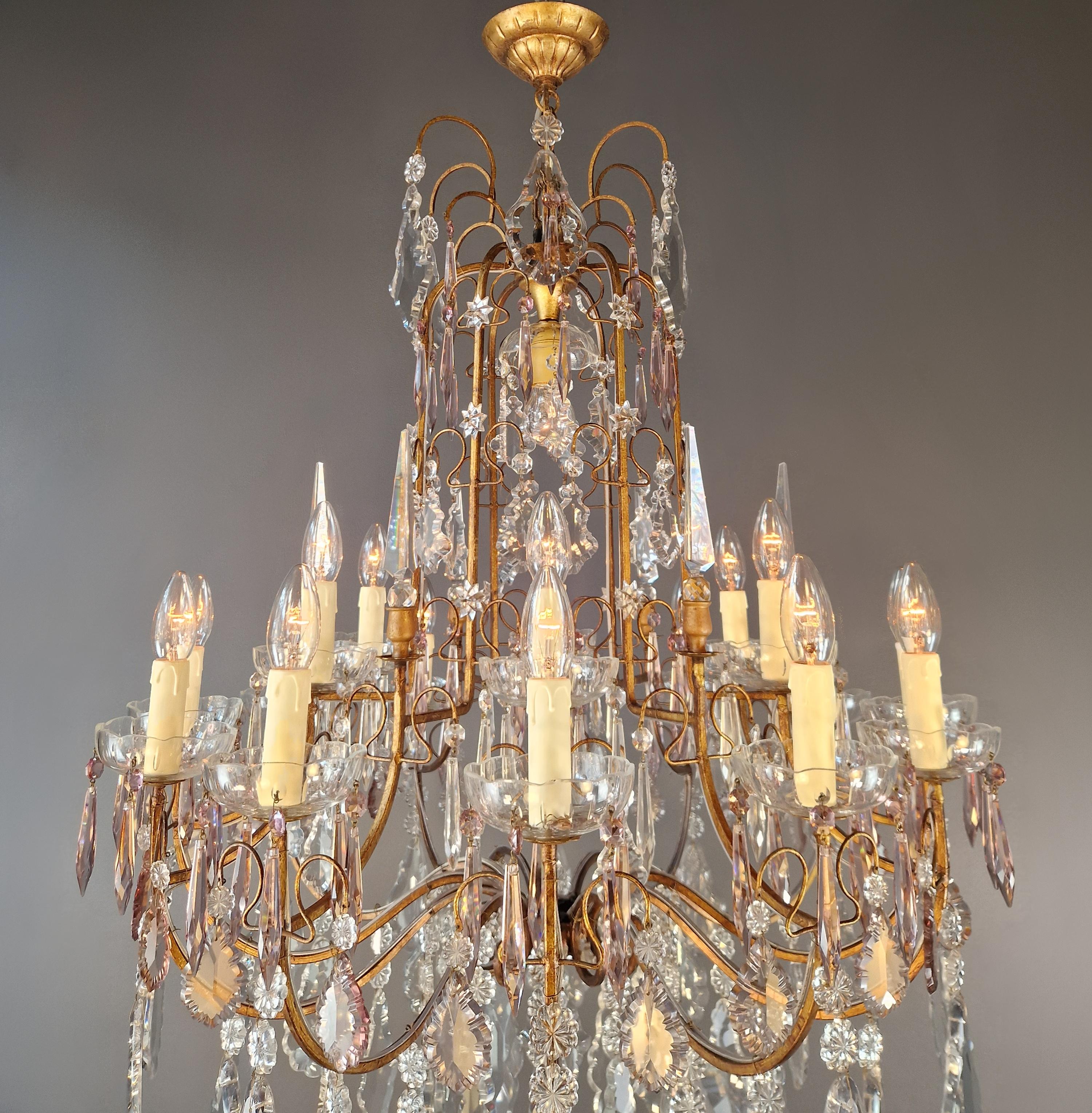 Antique French Brass Crystal Chandelier Art Nouveau Light Pink Neoclassicism For Sale 7