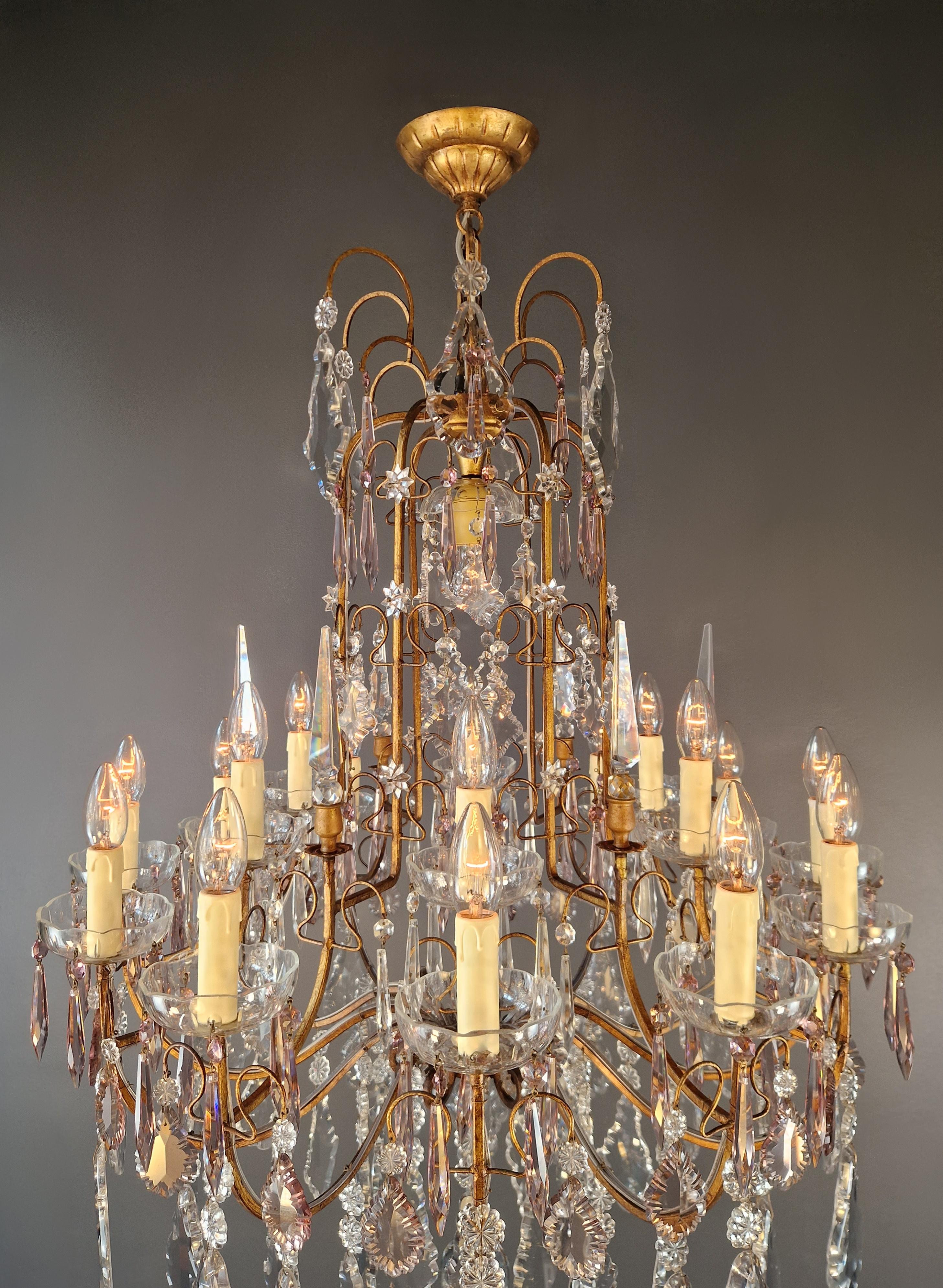 Antique French Brass Crystal Chandelier Art Nouveau Light Pink Neoclassicism For Sale 8