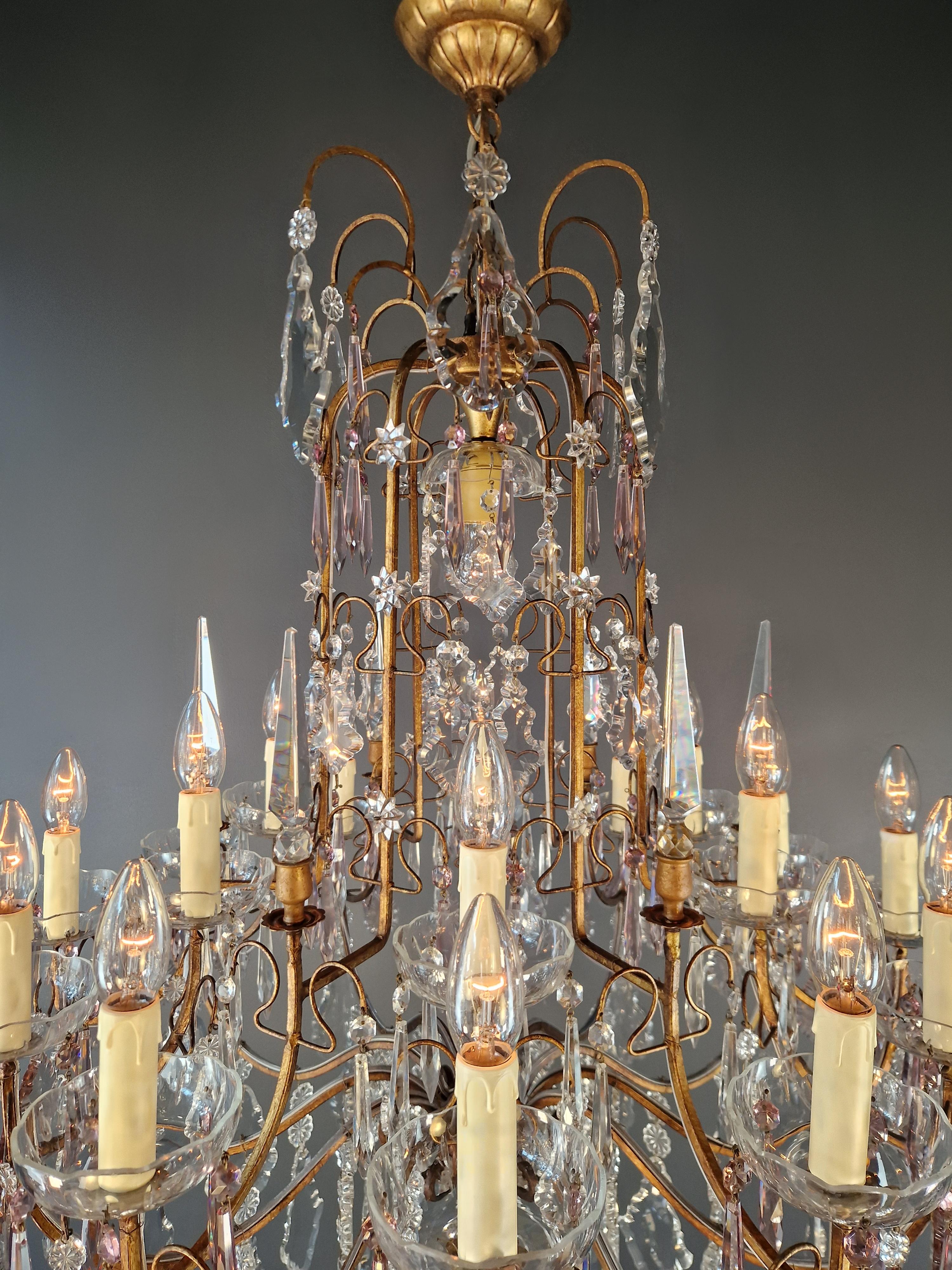 Antique French Brass Crystal Chandelier Art Nouveau Light Pink Neoclassicism For Sale 9