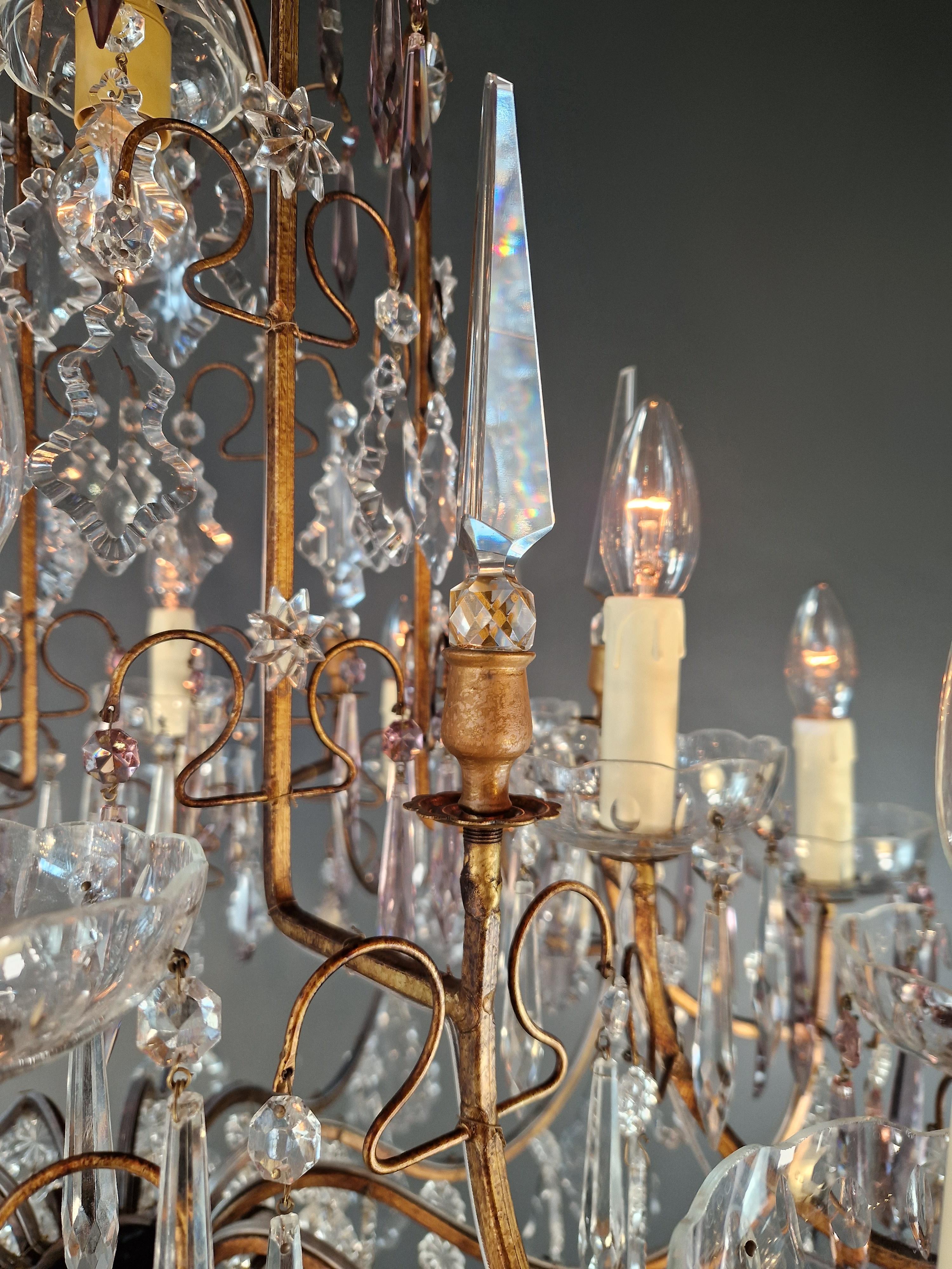 Antique French Brass Crystal Chandelier Art Nouveau Light Pink Neoclassicism For Sale 10