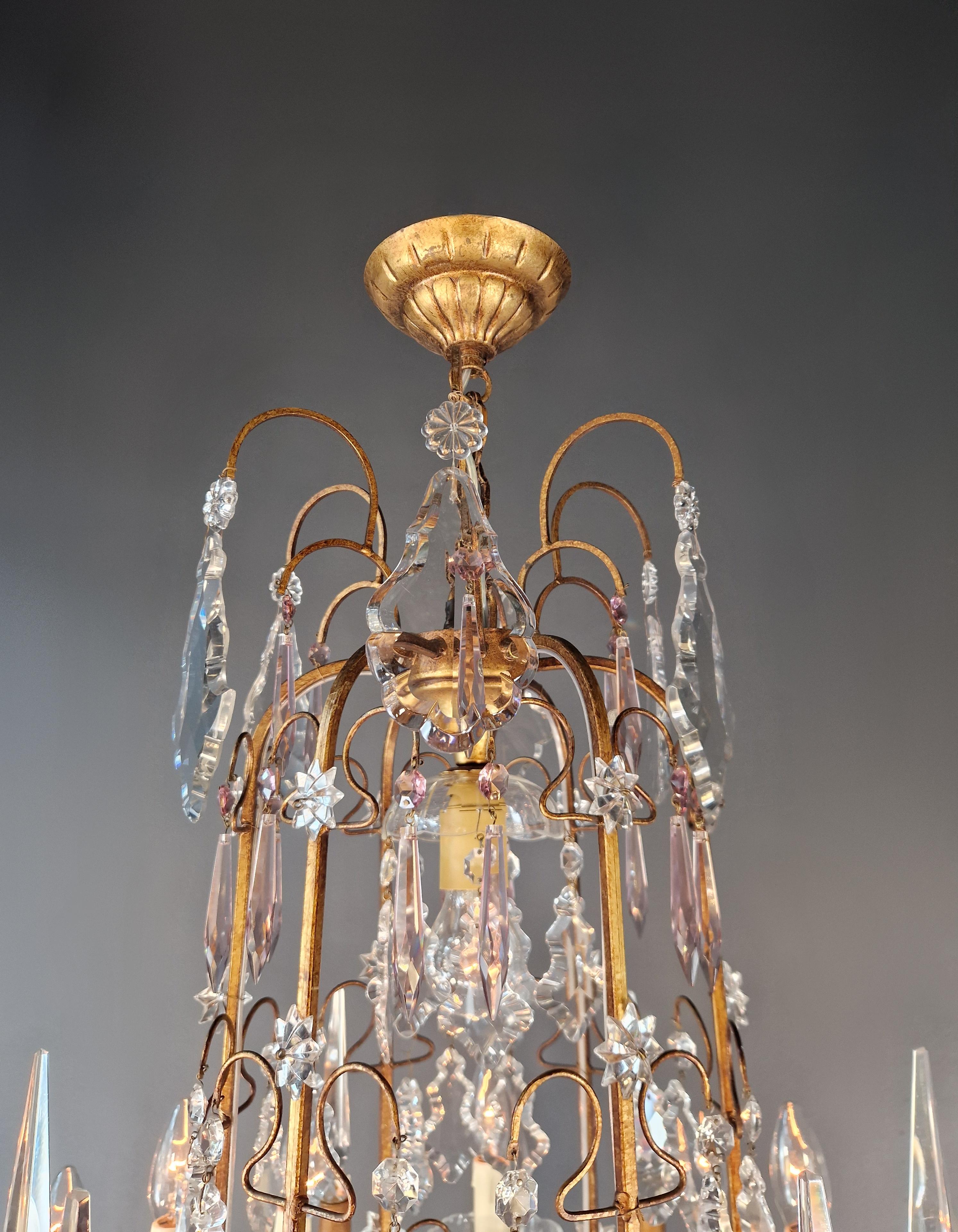 Antique French Brass Crystal Chandelier Art Nouveau Light Pink Neoclassicism For Sale 11