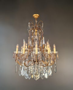 Antique French Brass Crystal Chandelier Art Nouveau Light Pink Neoclassicism