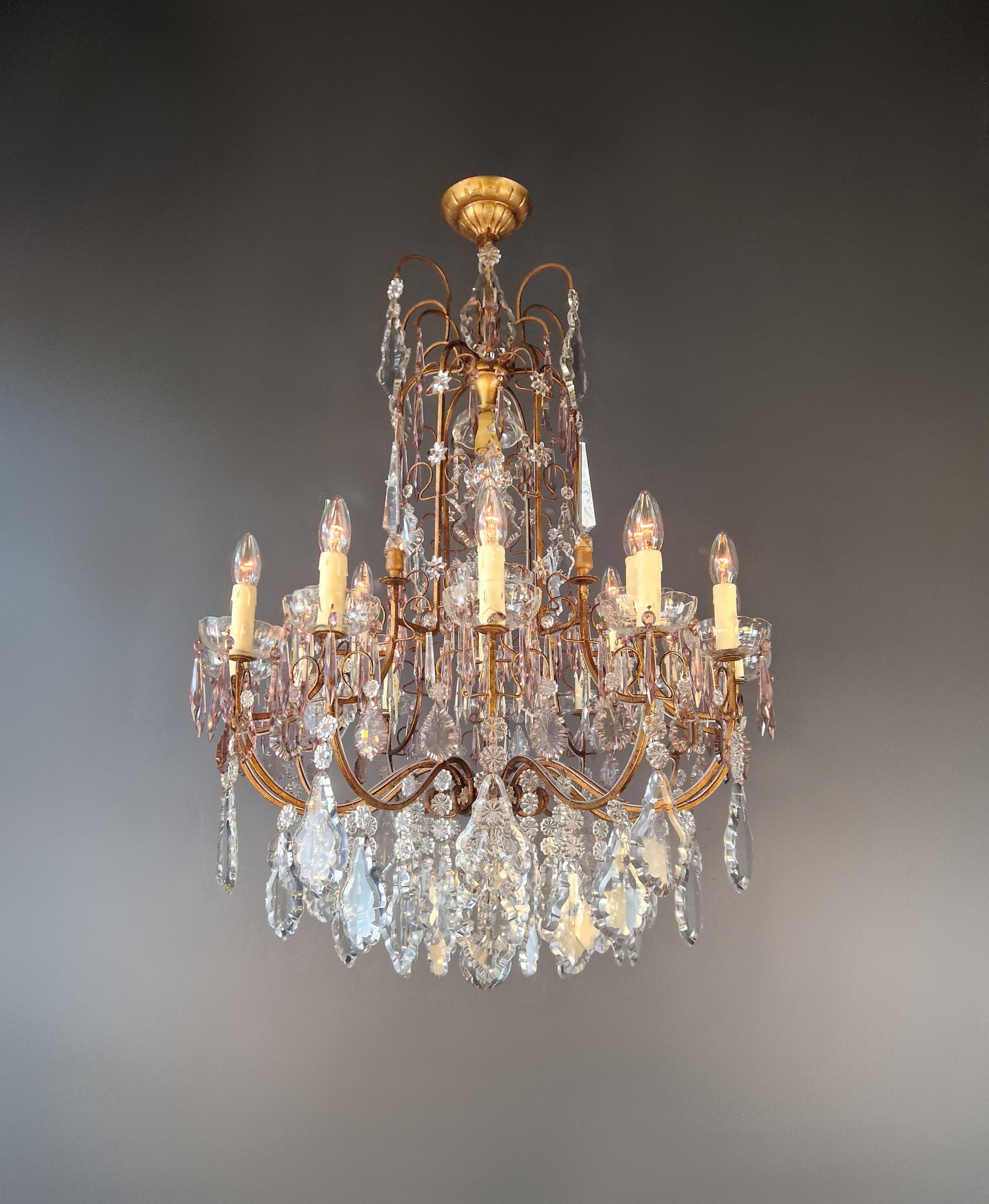Neoclassical Antique French Brass Crystal Chandelier Art Nouveau Light Pink Neoclassicism For Sale