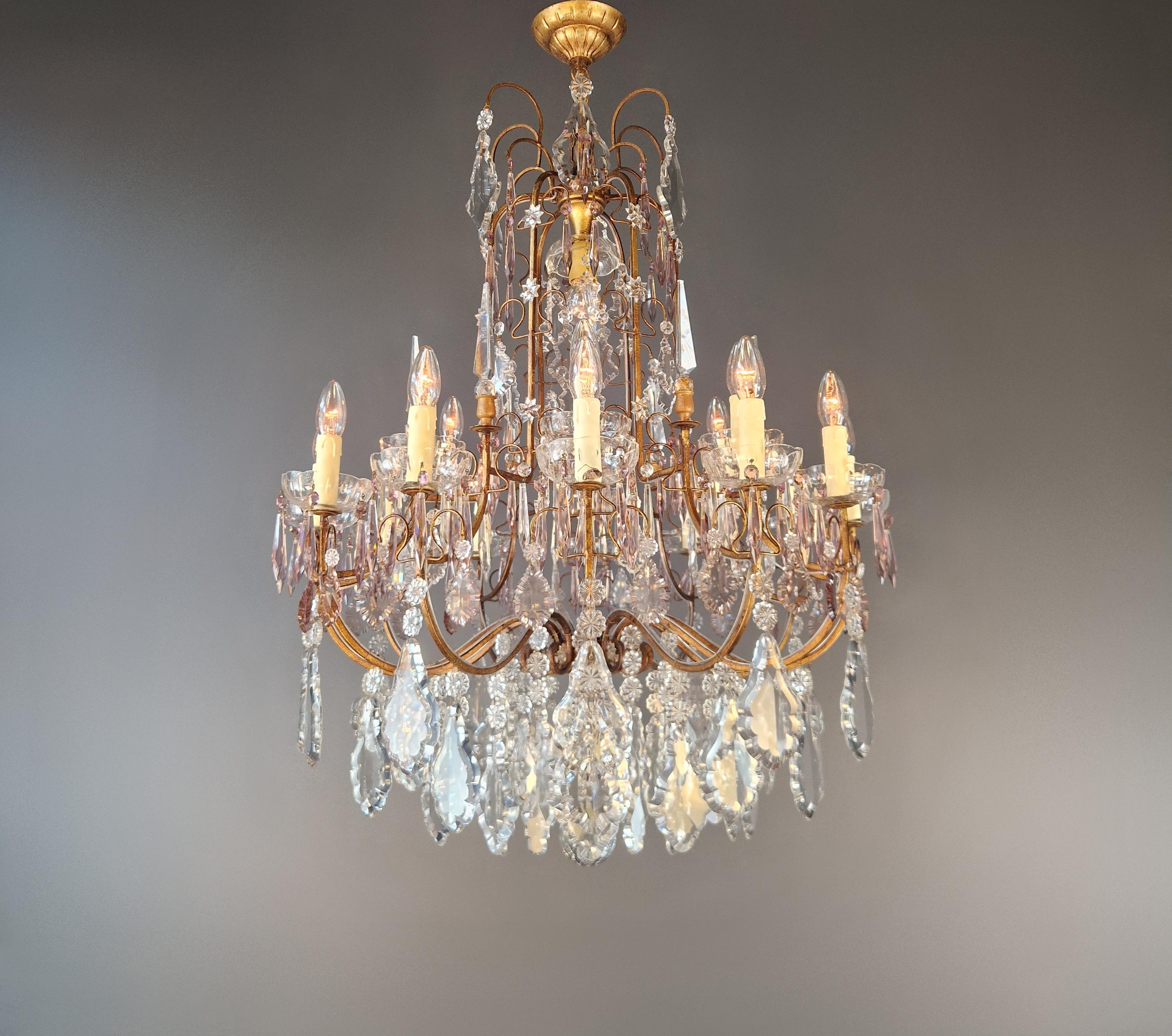 Hand-Knotted Antique French Brass Crystal Chandelier Art Nouveau Light Pink Neoclassicism For Sale