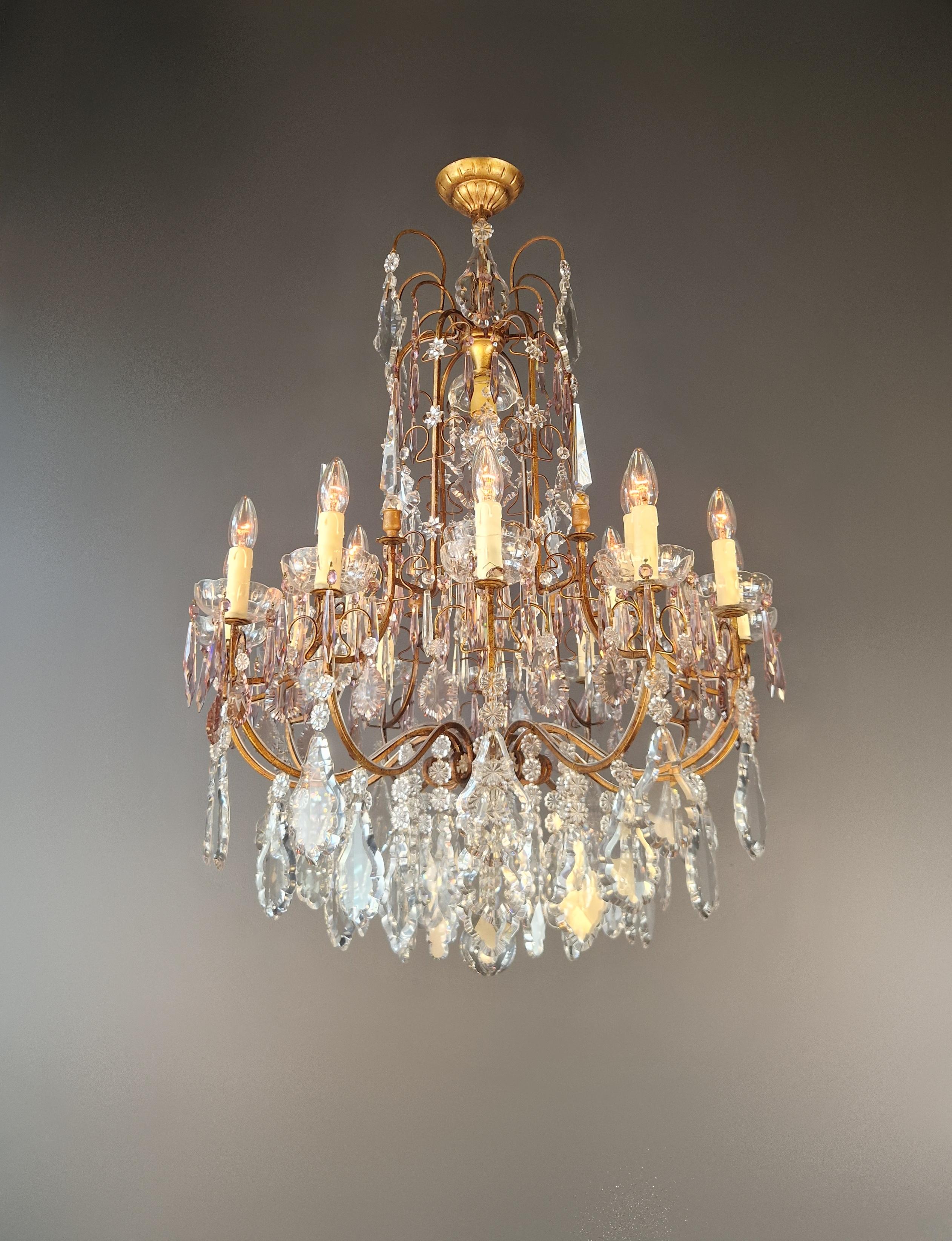 Antique French Brass Crystal Chandelier Art Nouveau Light Pink Neoclassicism In Good Condition For Sale In Berlin, DE