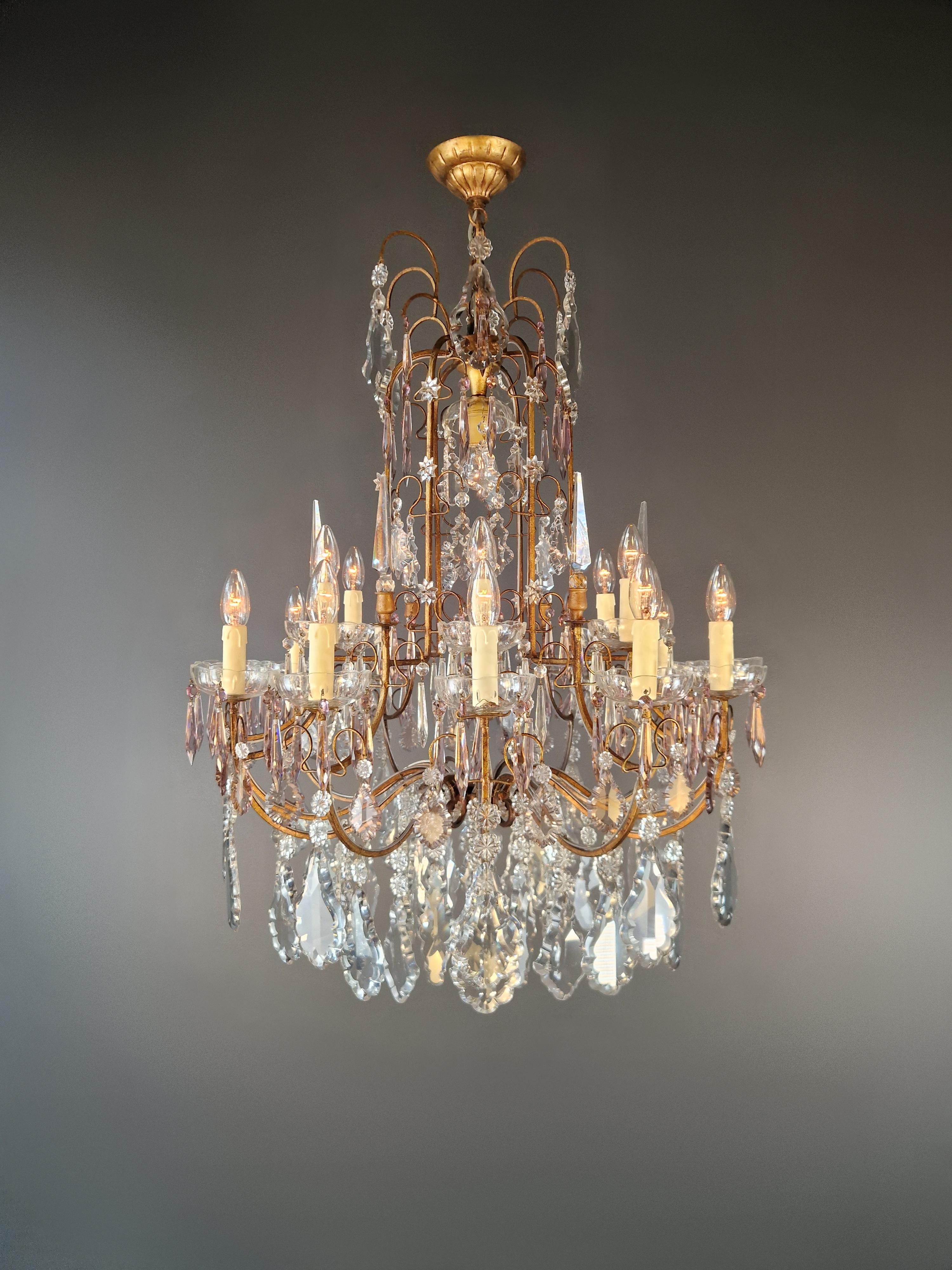 Early 20th Century Antique French Brass Crystal Chandelier Art Nouveau Light Pink Neoclassicism For Sale