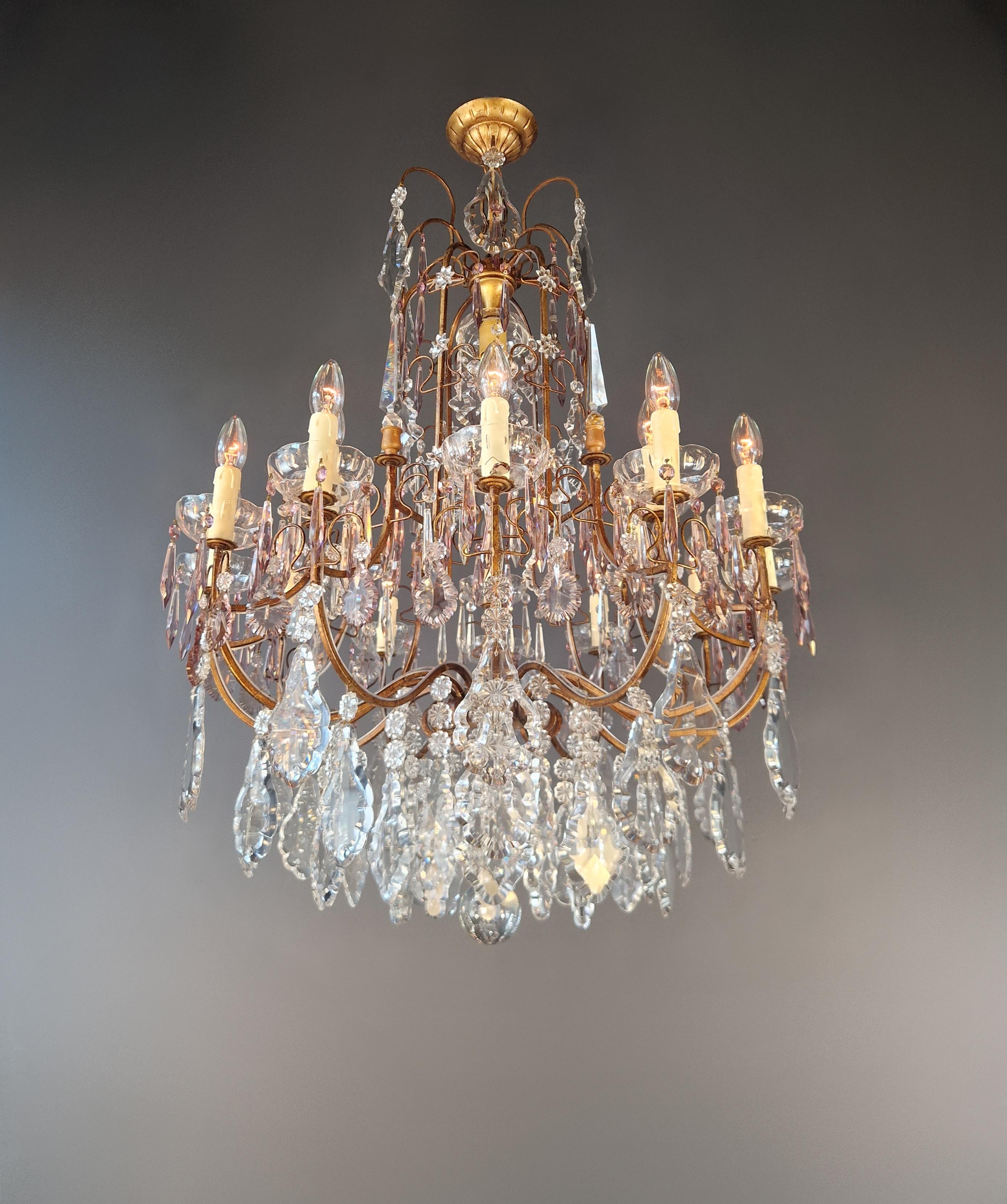 Antique French Brass Crystal Chandelier Art Nouveau Light Pink Neoclassicism For Sale 1