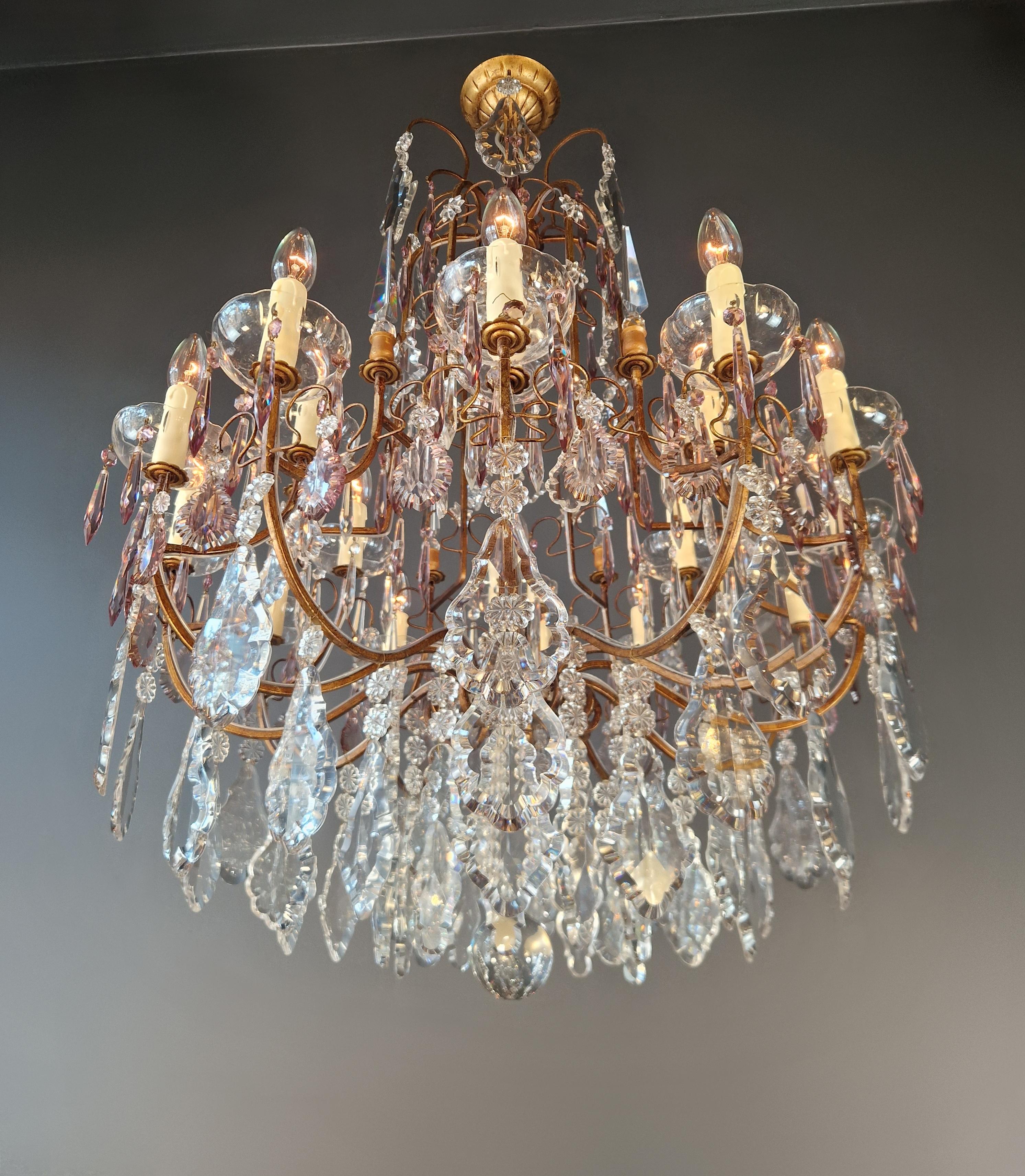 Antique French Brass Crystal Chandelier Art Nouveau Light Pink Neoclassicism For Sale 2