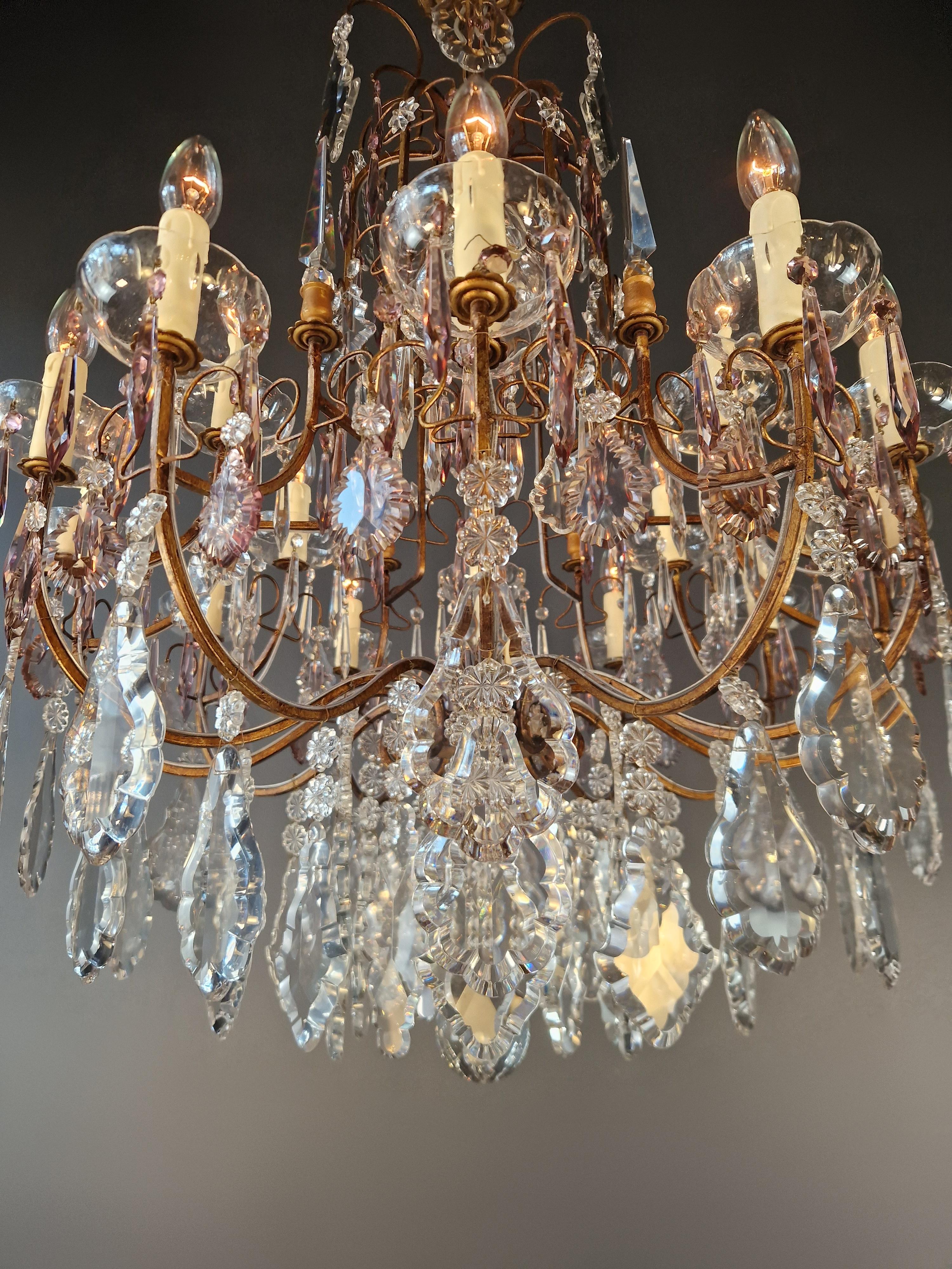 Antique French Brass Crystal Chandelier Art Nouveau Light Pink Neoclassicism For Sale 3