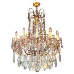Antique French Brass Crystal Chandelier Art Nouveau Light Pink Neoclassicism