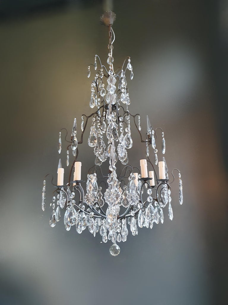 European Antique French Brass Crystal Chandelier Ceiling Lamp Lustre Art Nouveau Lamp For Sale
