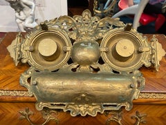 Antique French Brass Double Inkwell with Foliage Decoration