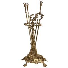 Antique French Brass Fireplace Tool Set with Hunting Theme