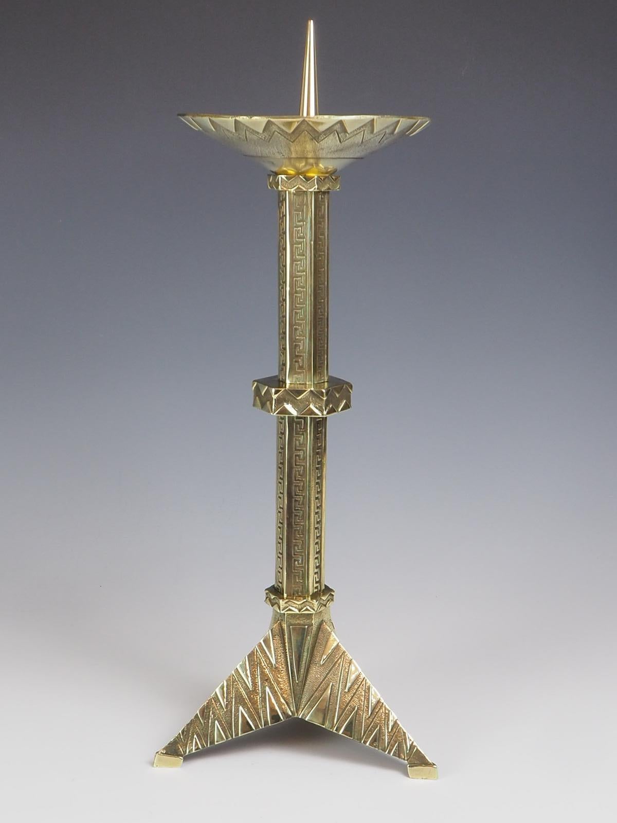 20th Century Antique French Brass Geometric Art Deco Pricket Candlestick For Sale