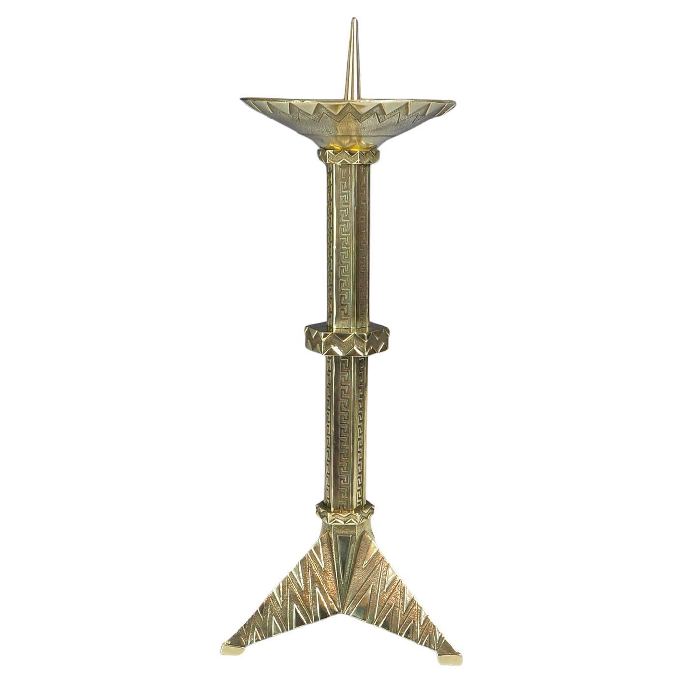 Antique French Brass Geometric Art Deco Pricket Candlestick For Sale