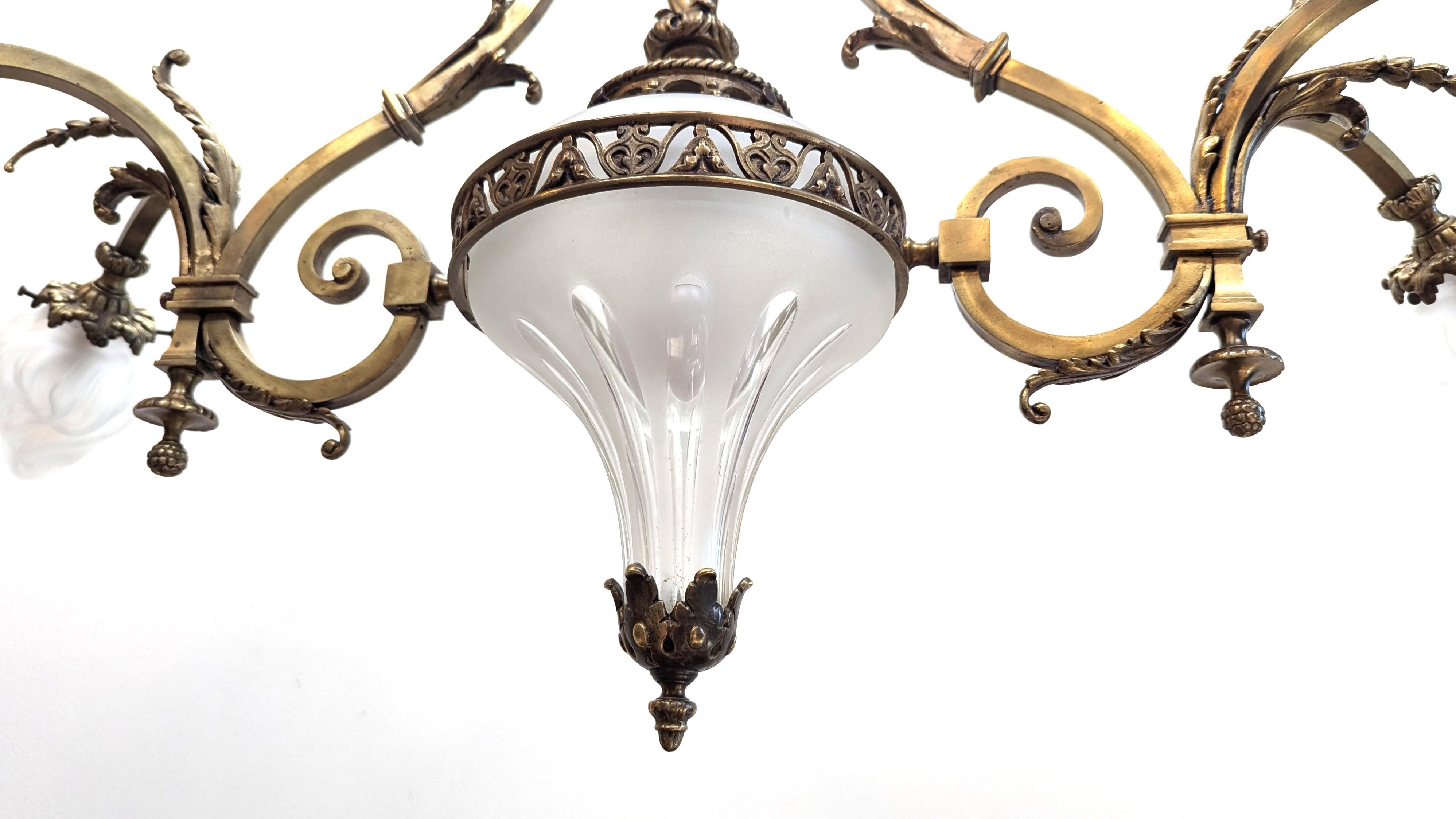 Antique French Brass & Glass Art Nouveau Chandelier For Sale 6