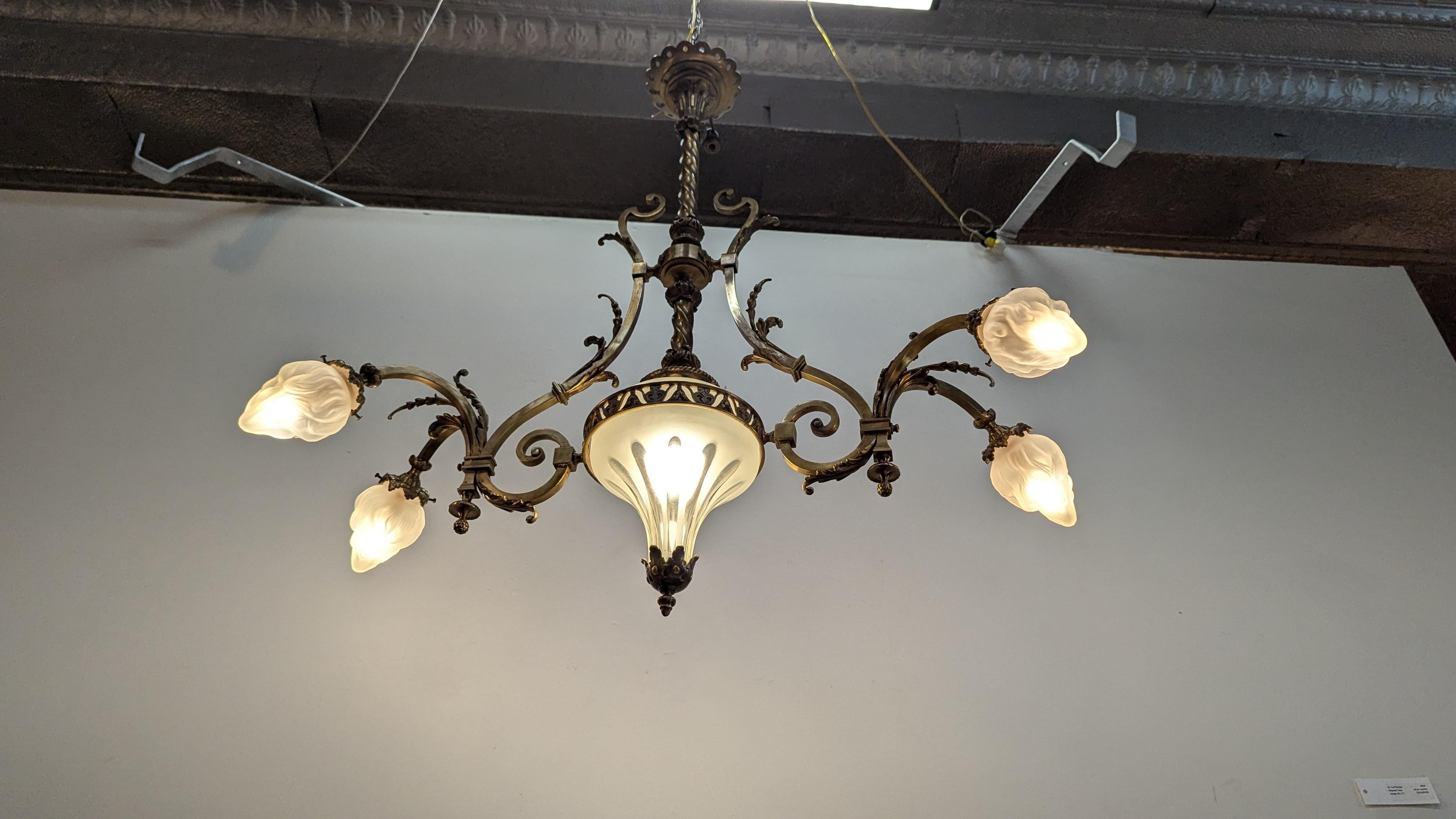 Antique French Brass & Glass Art Nouveau Chandelier For Sale 8