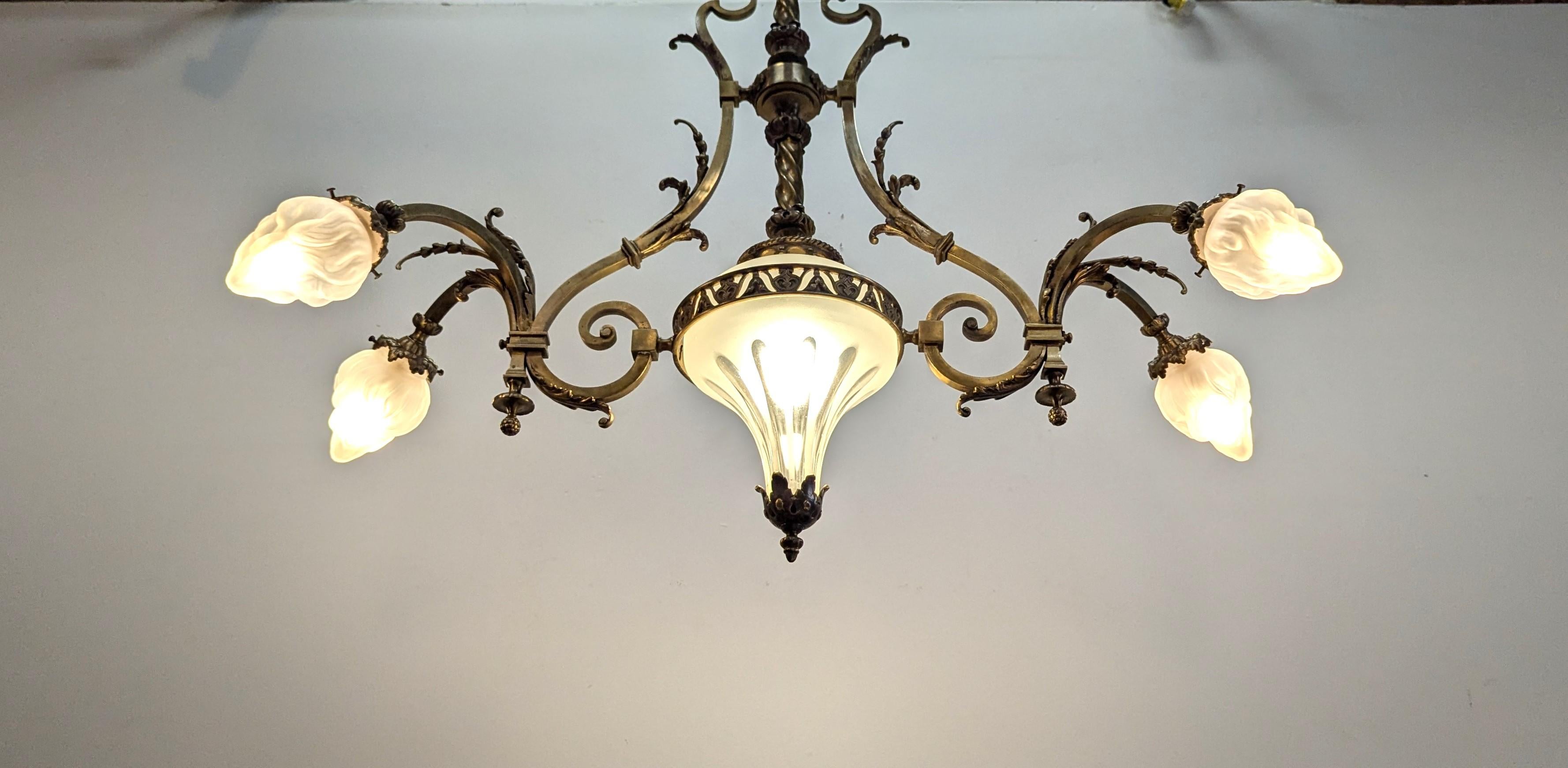 Antique French Brass & Glass Art Nouveau Chandelier For Sale 9