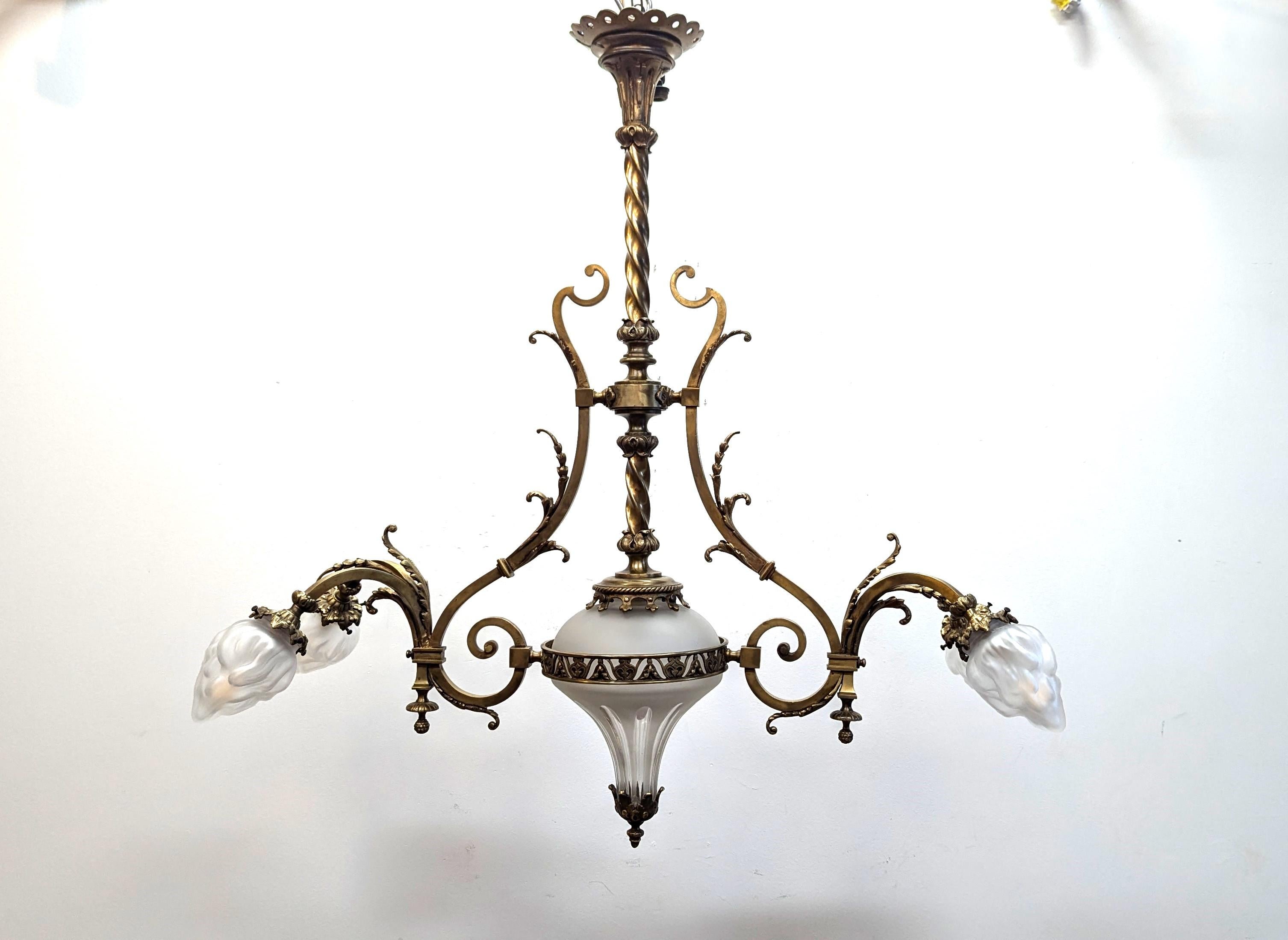 Antique French Brass & Glass Chandelier, Art Nouveau Turn of the century. 
Spectacular Chandelier of solid brass, gilt bronze details, with molded and cut glass.  Stunning chandelier for dinning room, foyer, library, study,  over an island.  Works