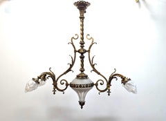 Antique French Brass & Glass Art Nouveau Chandelier