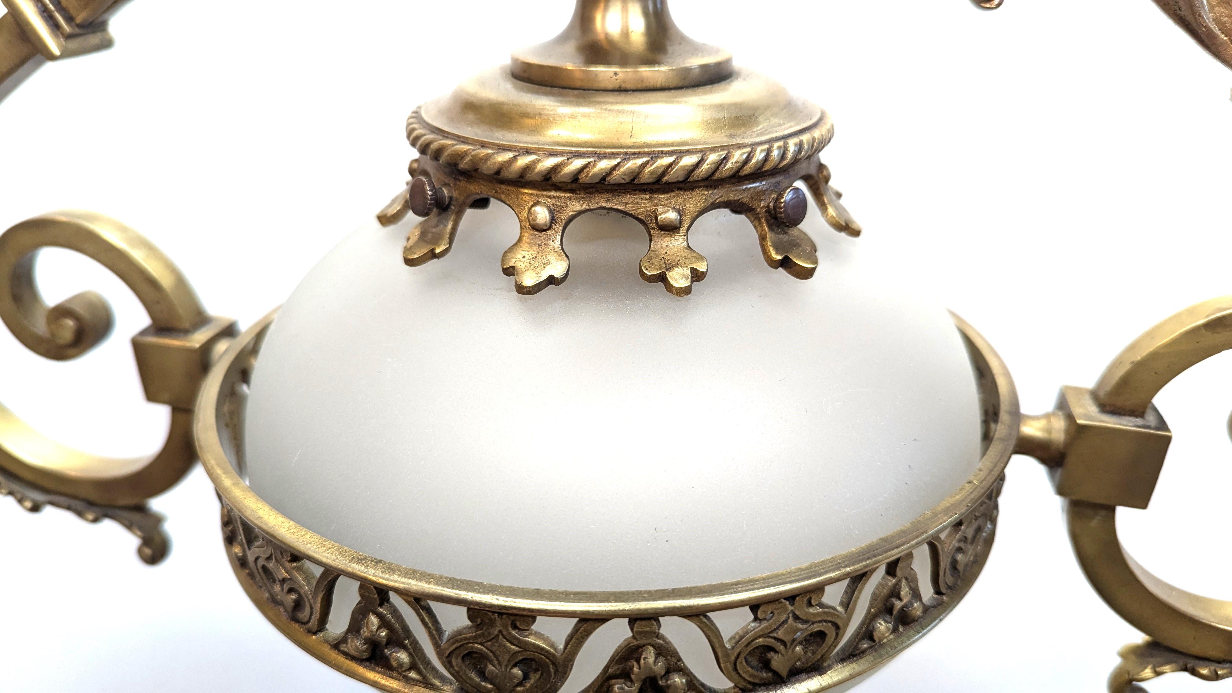 Antique French Brass & Glass Art Nouveau Chandelier For Sale 1