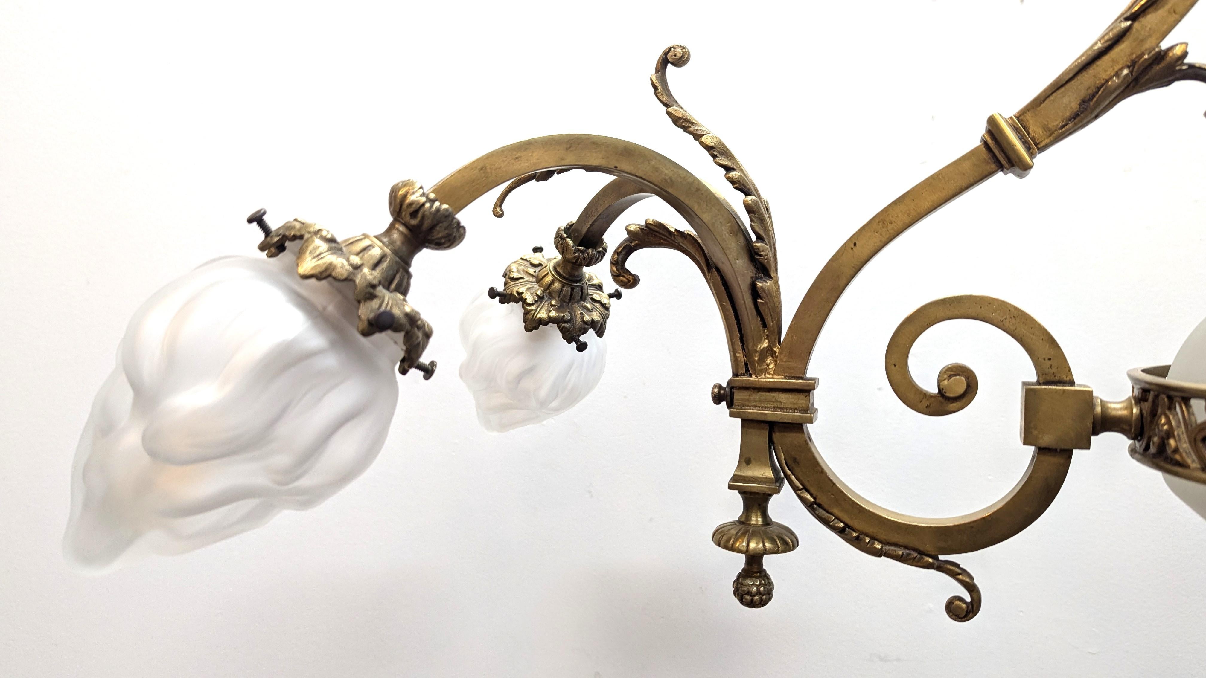 Antique French Brass & Glass Art Nouveau Chandelier For Sale 4