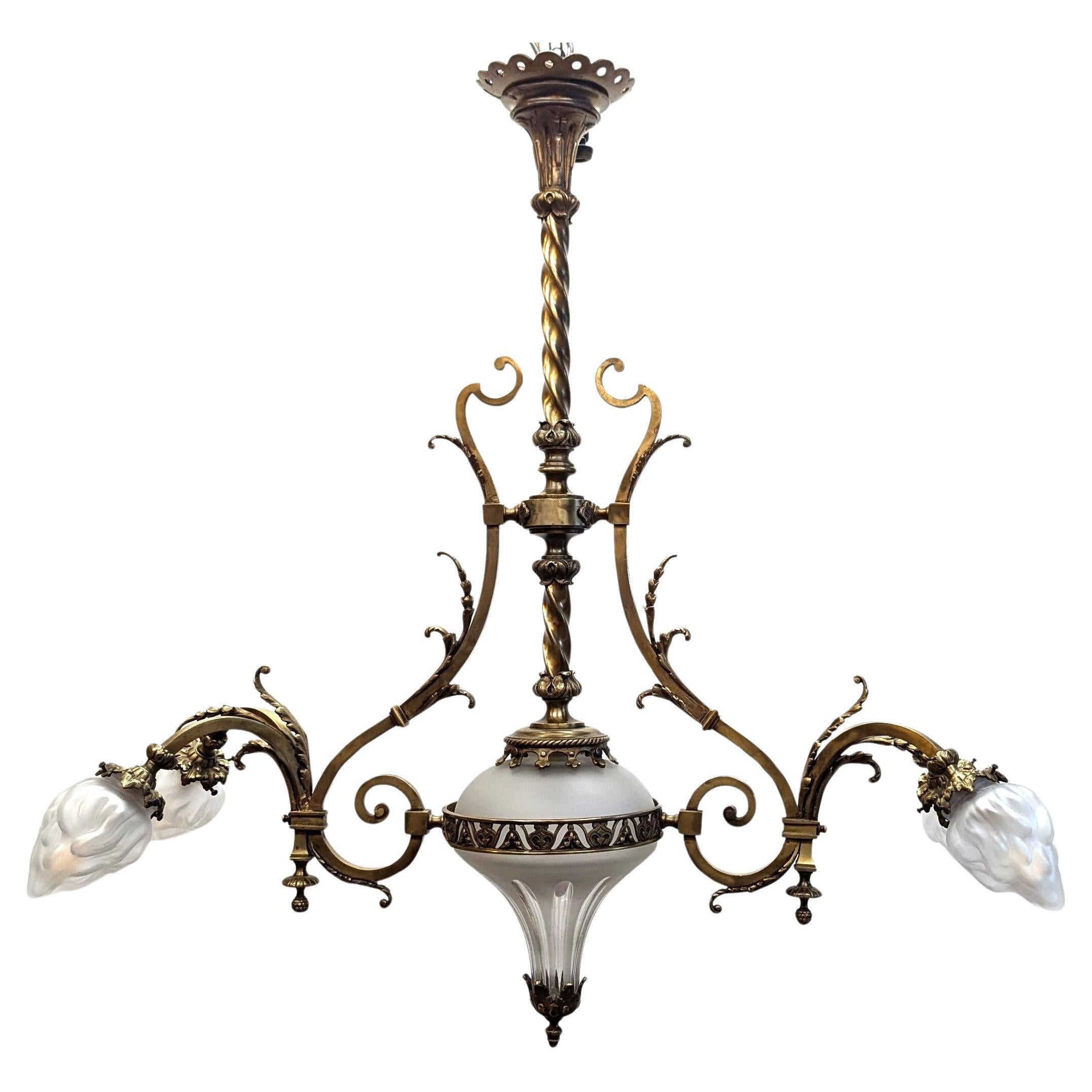 Antique French Brass & Glass Art Nouveau Chandelier