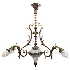 Antique French Brass & Glass Art Nouveau Chandelier