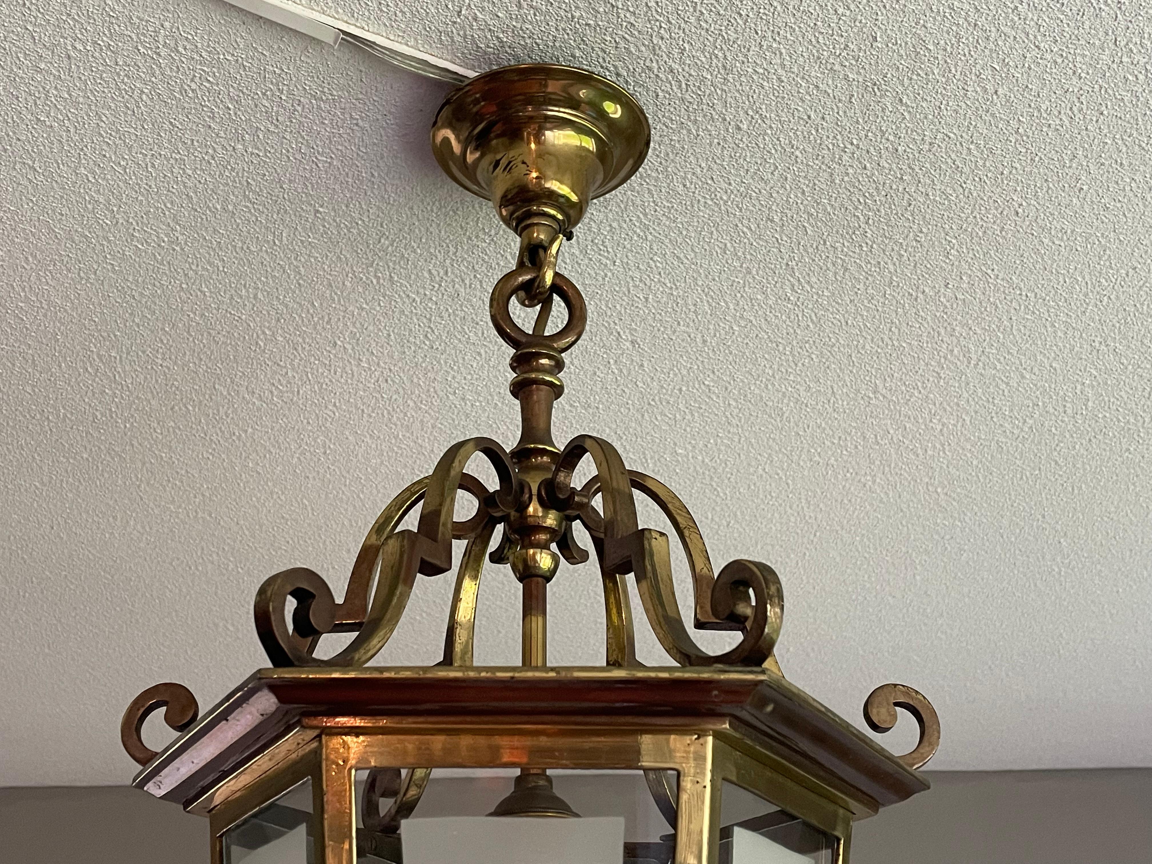 Antique French Brass Hall Lantern / Pendant Light with 6 Stylish Glass Panels 4