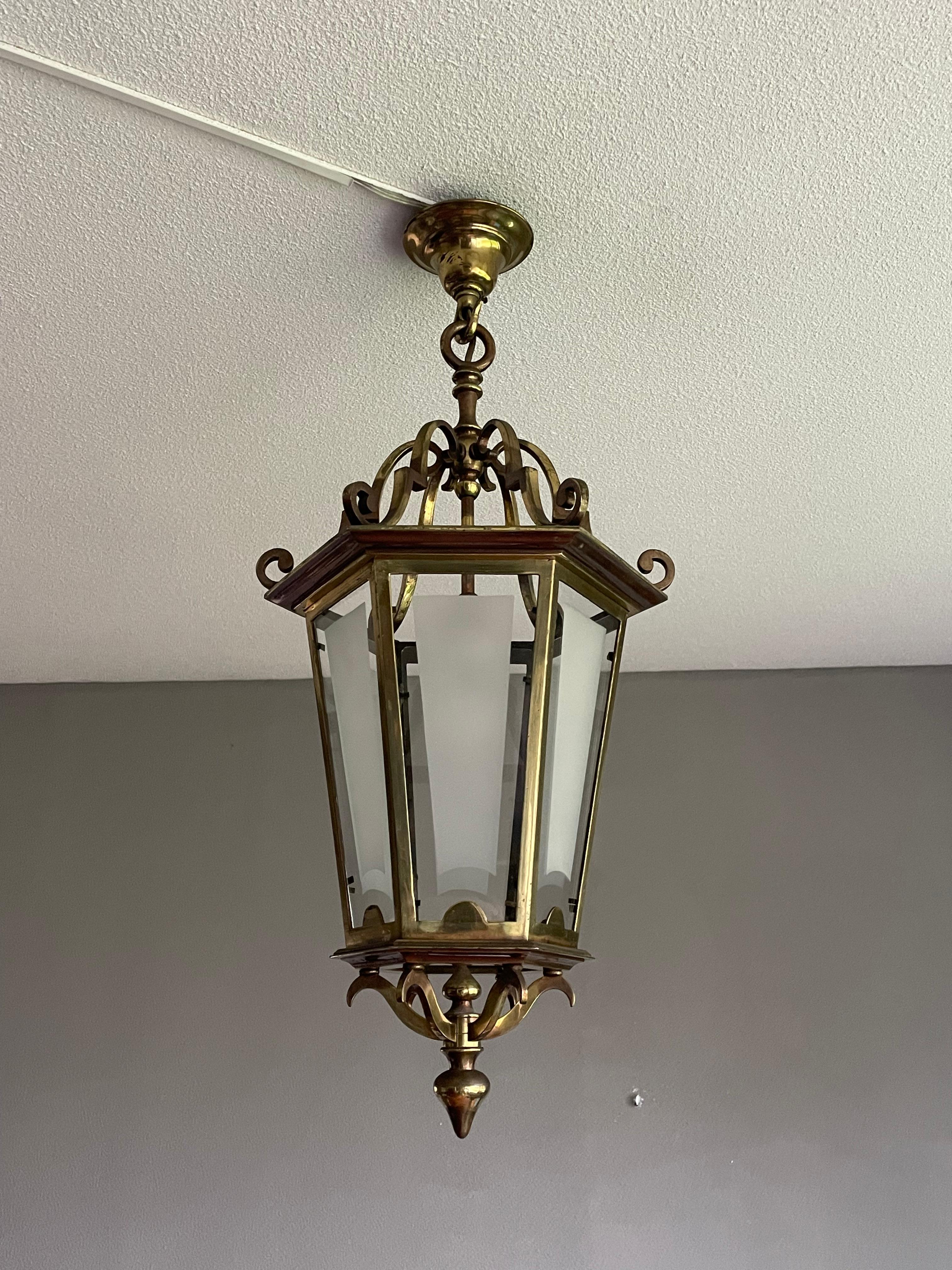 Antique French Brass Hall Lantern / Pendant Light with 6 Stylish Glass Panels 6