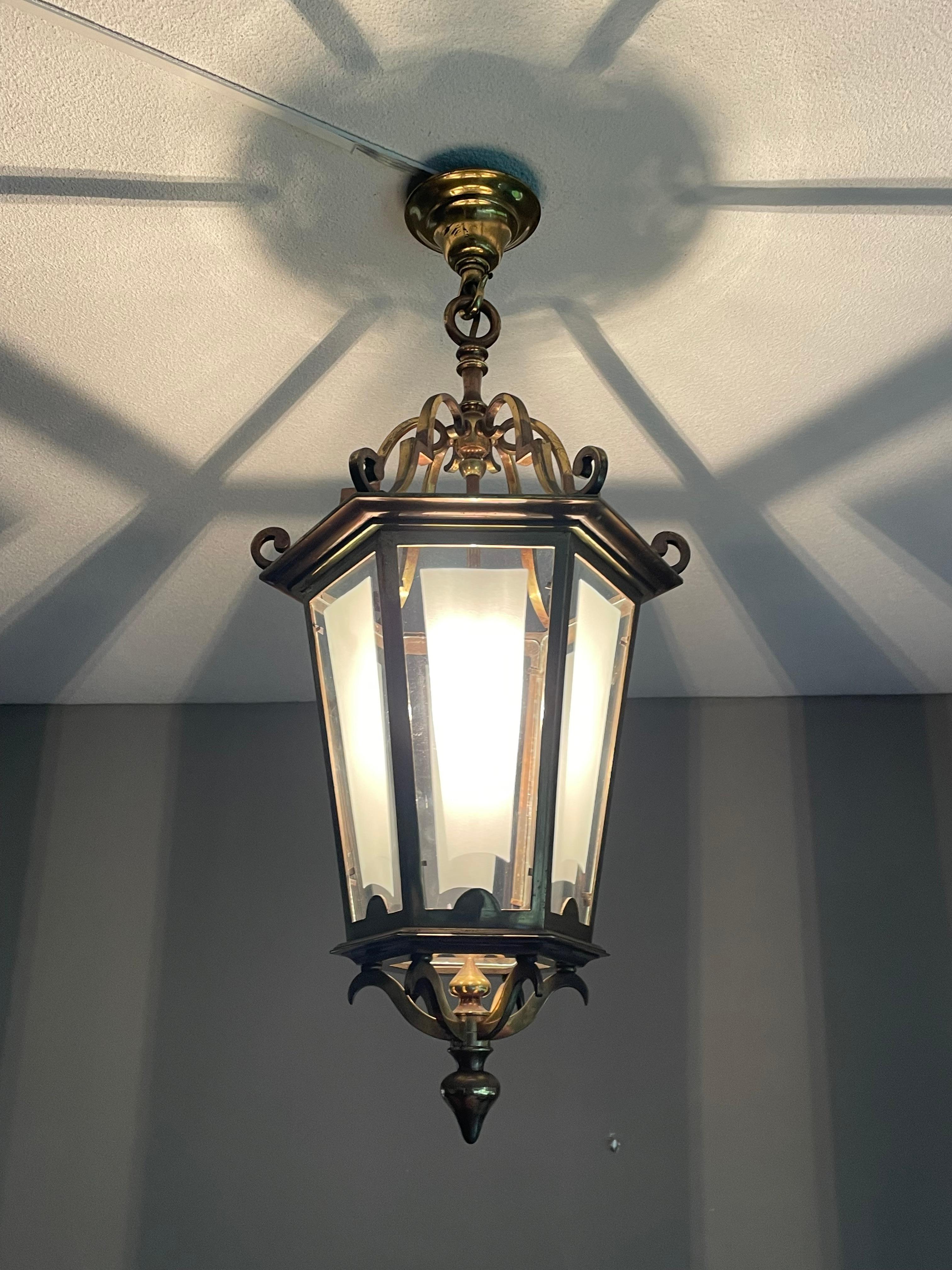 Antique French Brass Hall Lantern / Pendant Light with 6 Stylish Glass Panels 7