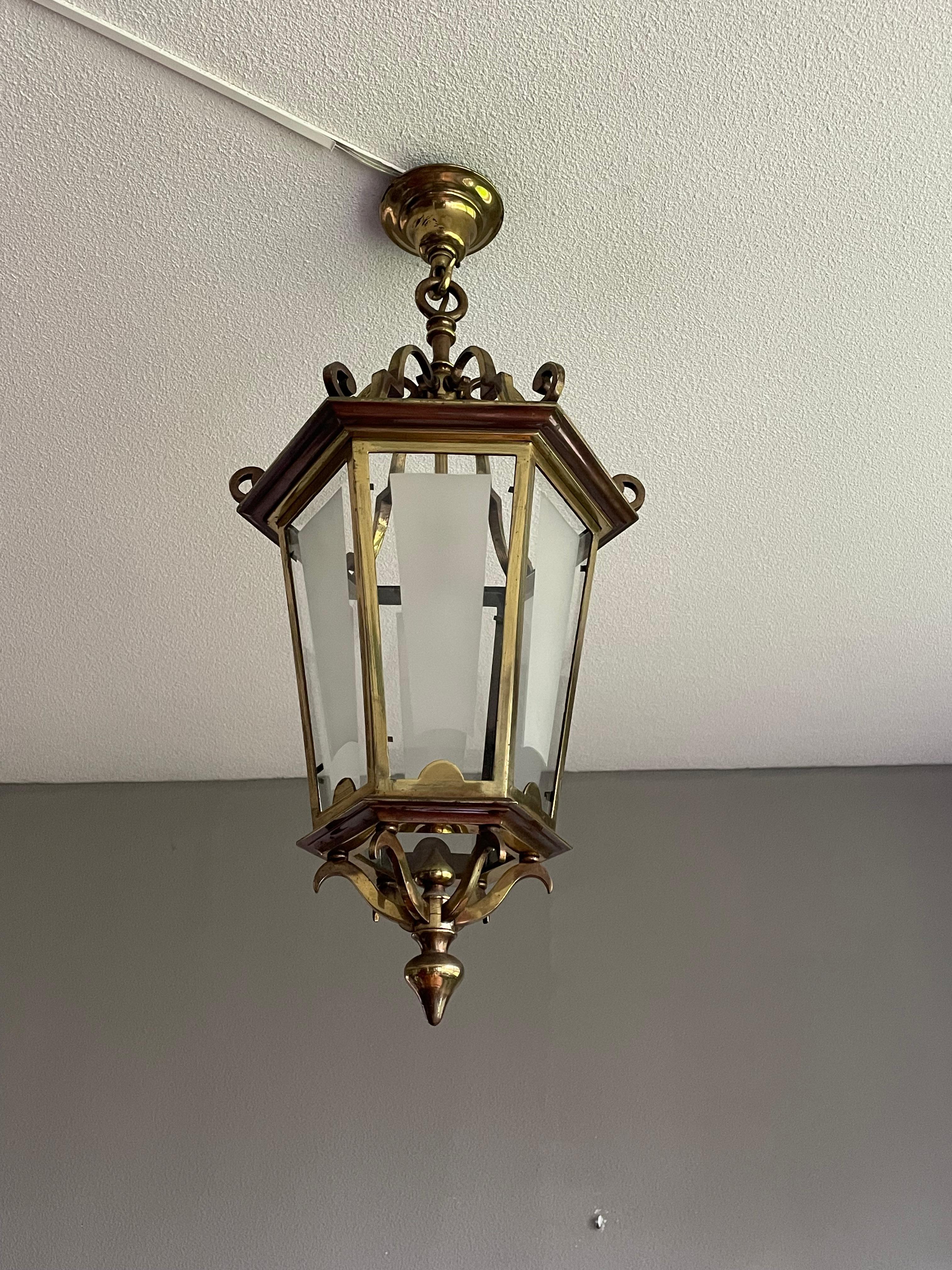 Antique French Brass Hall Lantern / Pendant Light with 6 Stylish Glass Panels 8