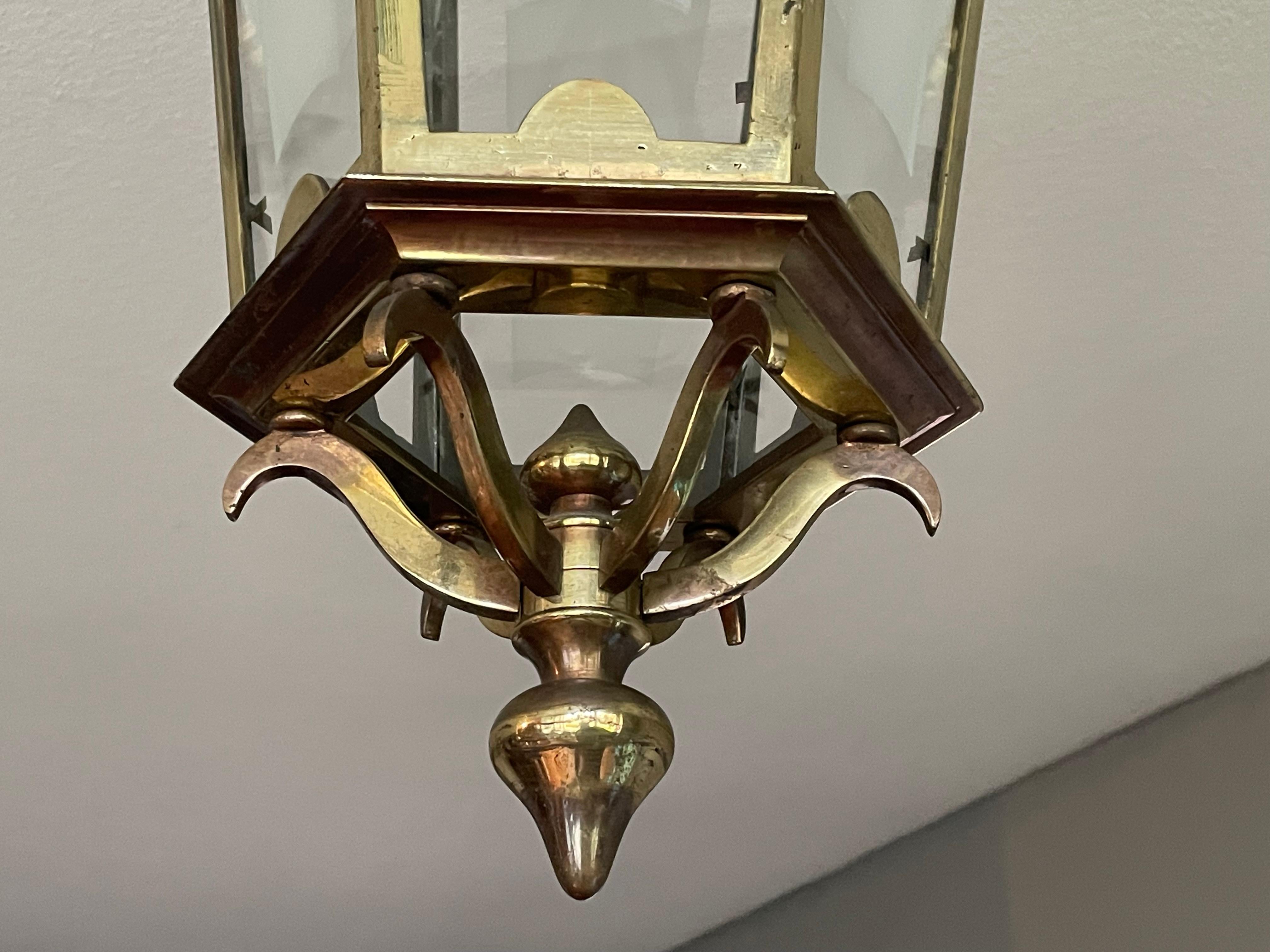 Antique French Brass Hall Lantern / Pendant Light with 6 Stylish Glass Panels 10