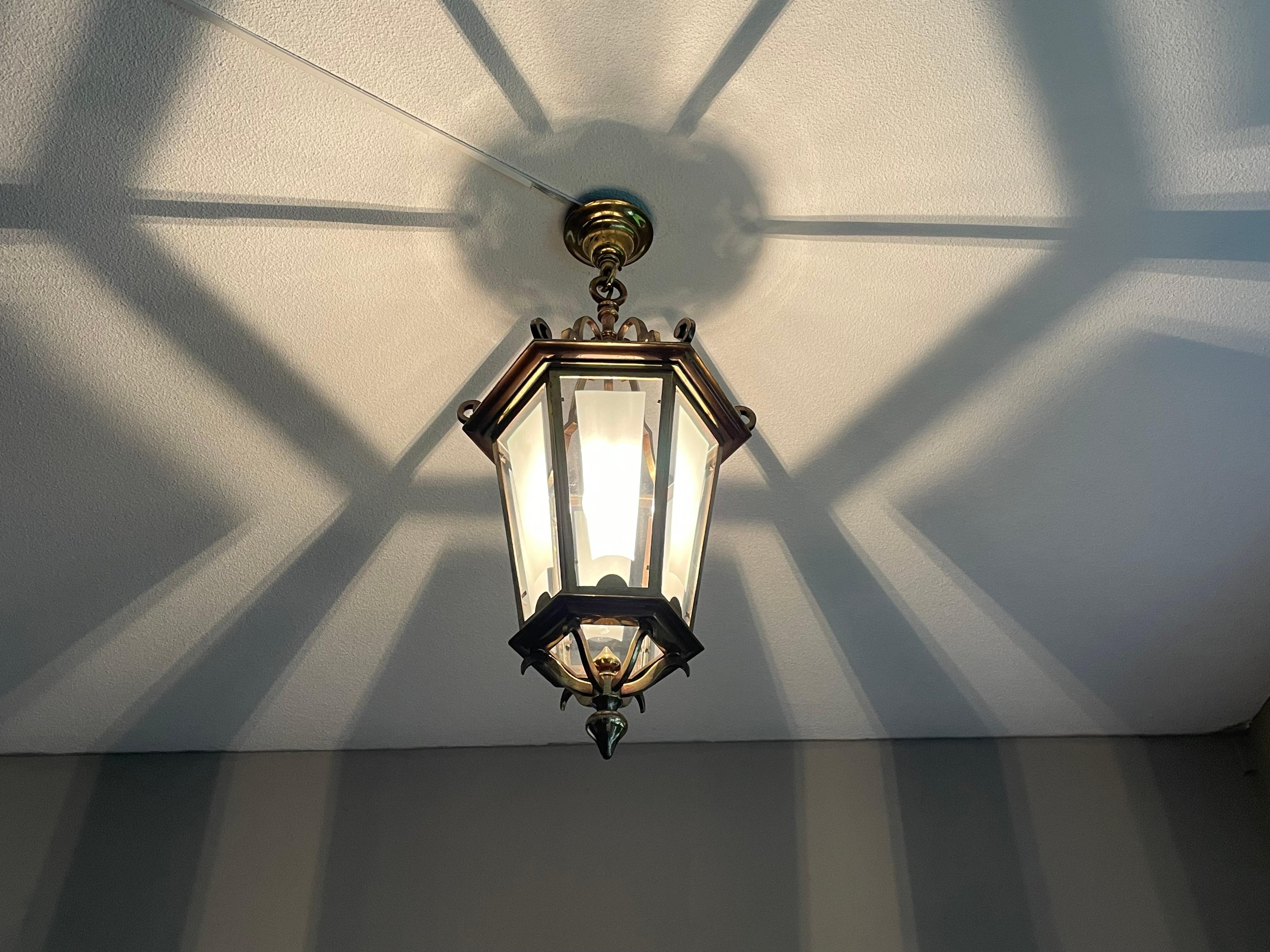 Antique French Brass Hall Lantern / Pendant Light with 6 Stylish Glass Panels 11