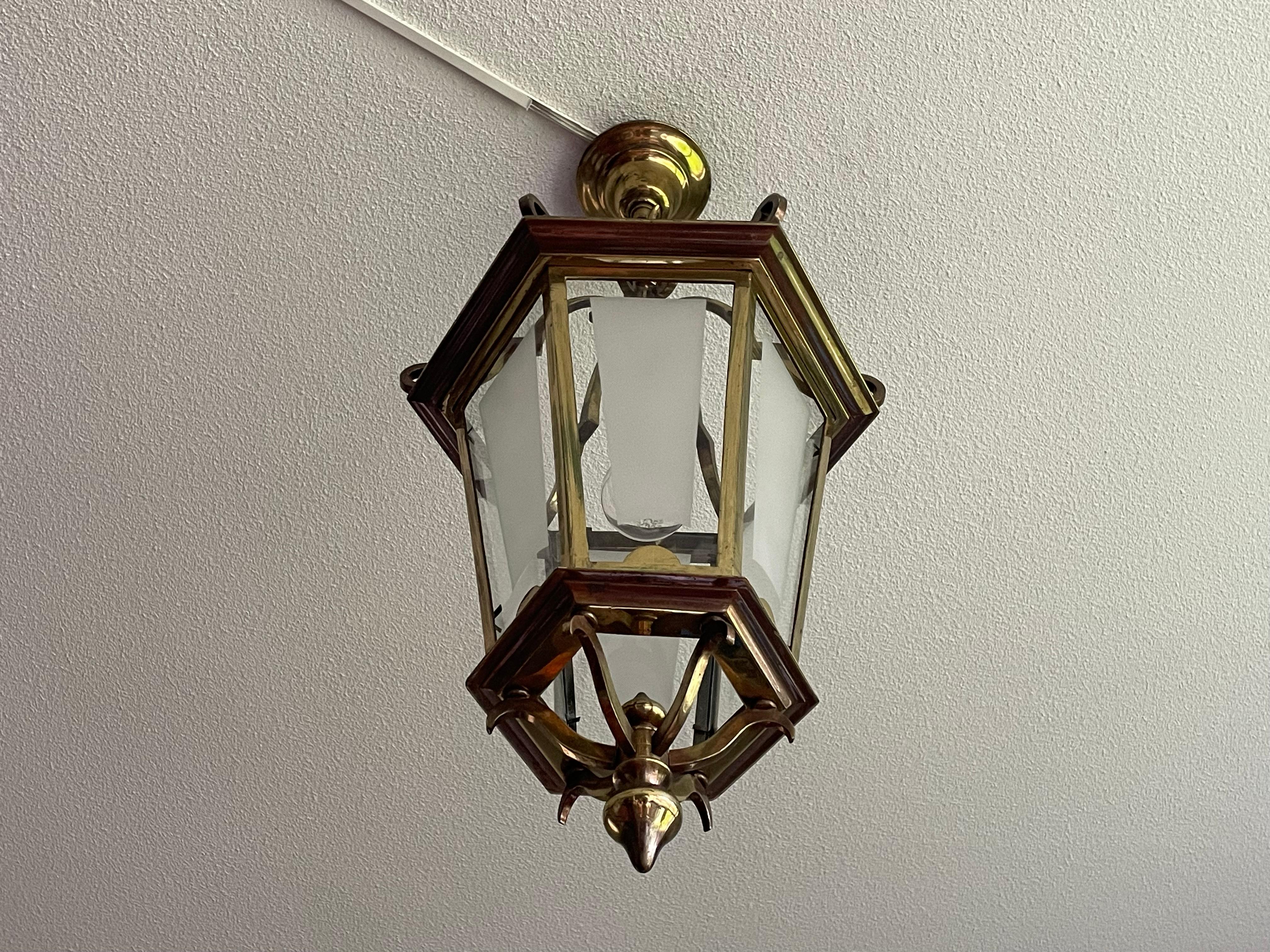 Antique French Brass Hall Lantern / Pendant Light with 6 Stylish Glass Panels 12