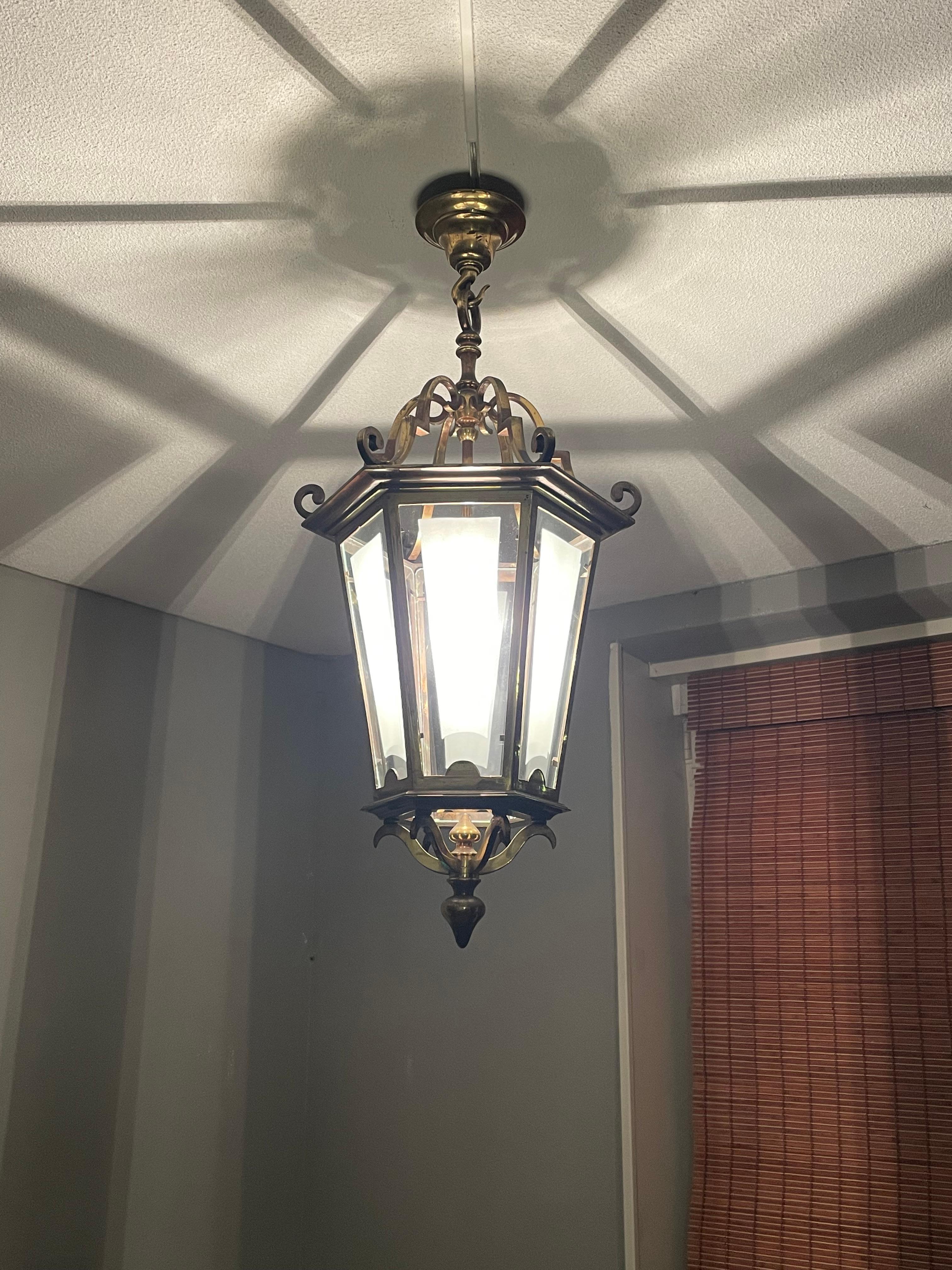 Antique French Brass Hall Lantern / Pendant Light with 6 Stylish Glass Panels 13