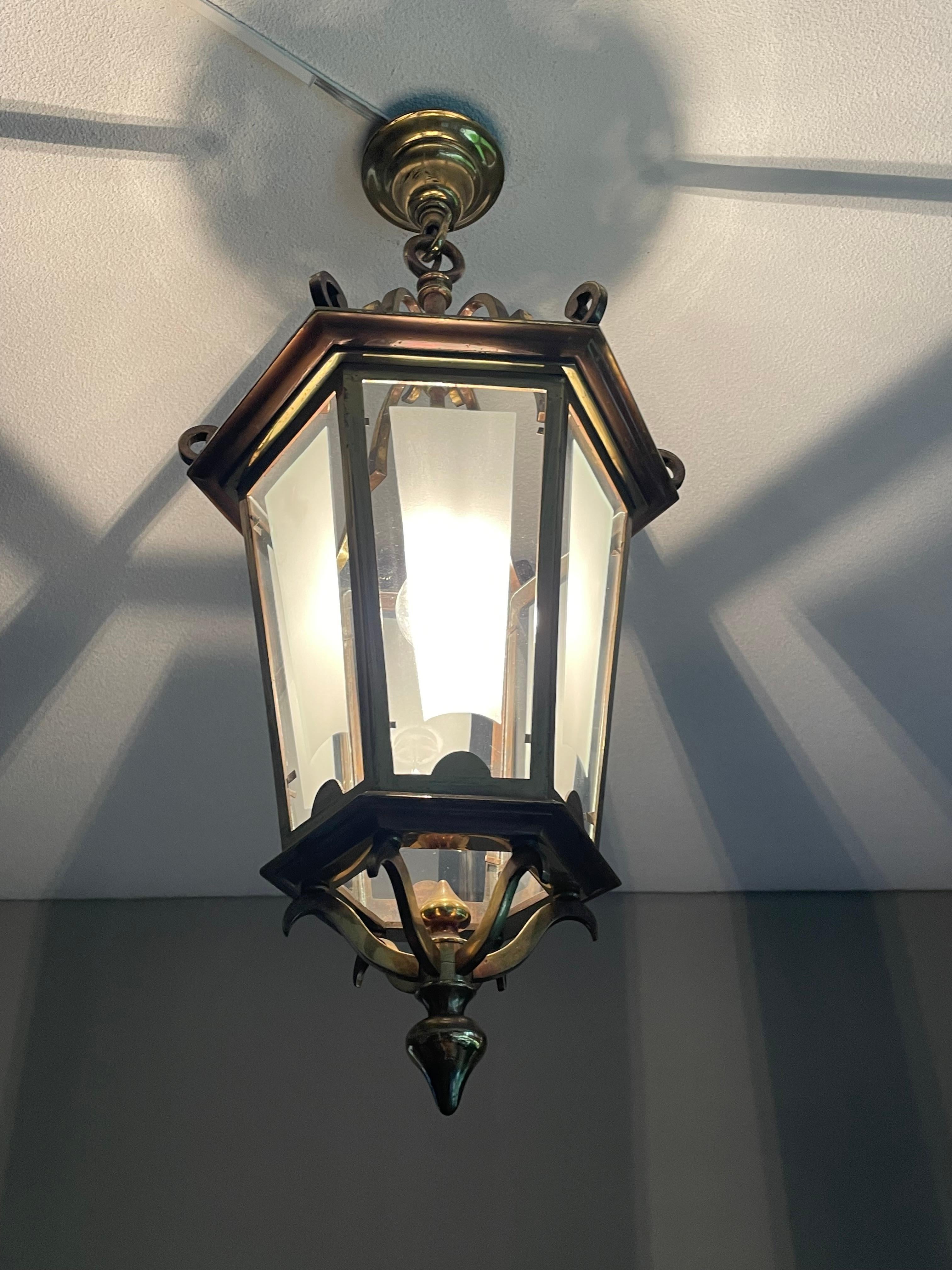 European Antique French Brass Hall Lantern / Pendant Light with 6 Stylish Glass Panels