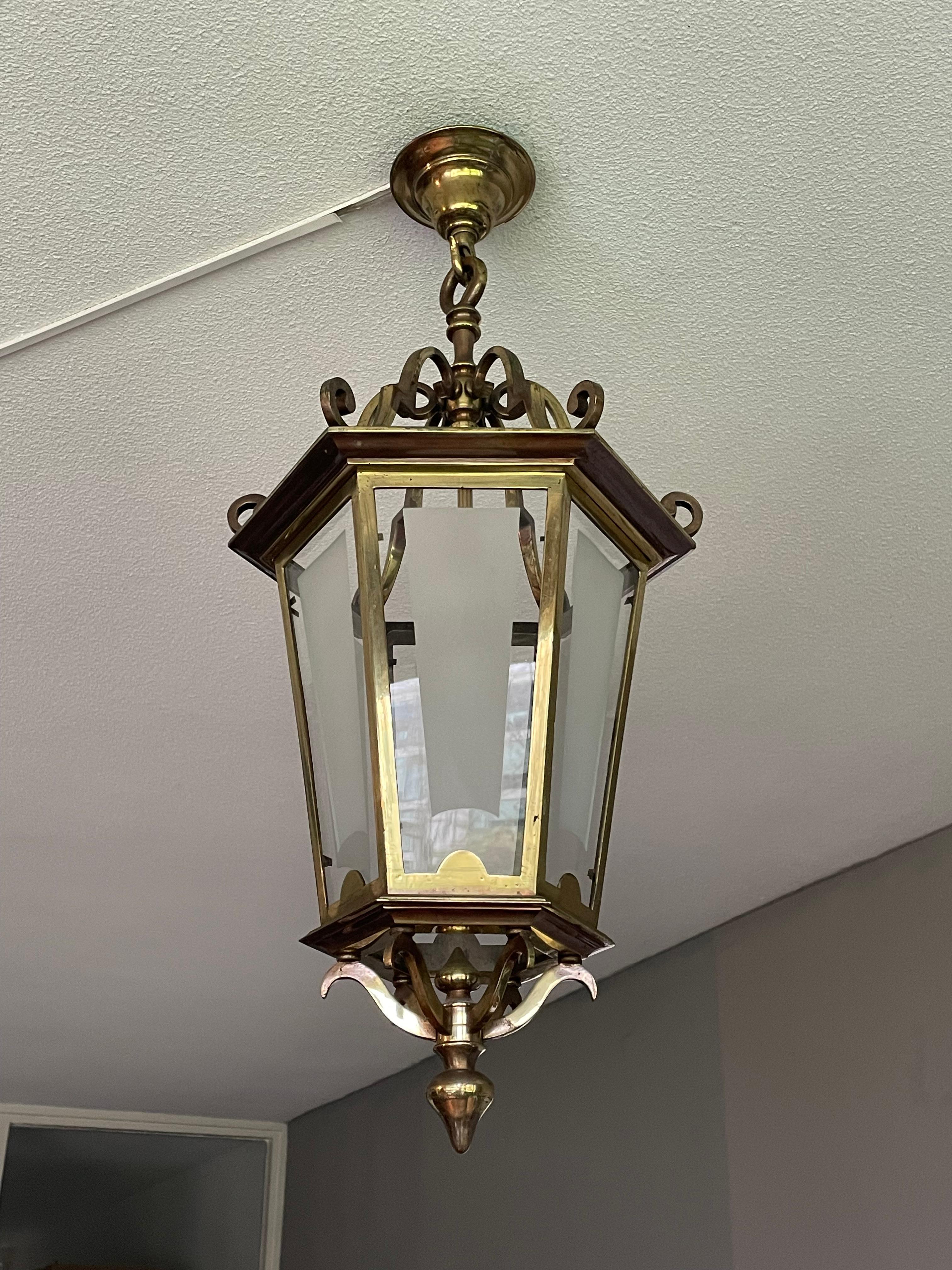 Forged Antique French Brass Hall Lantern / Pendant Light with 6 Stylish Glass Panels