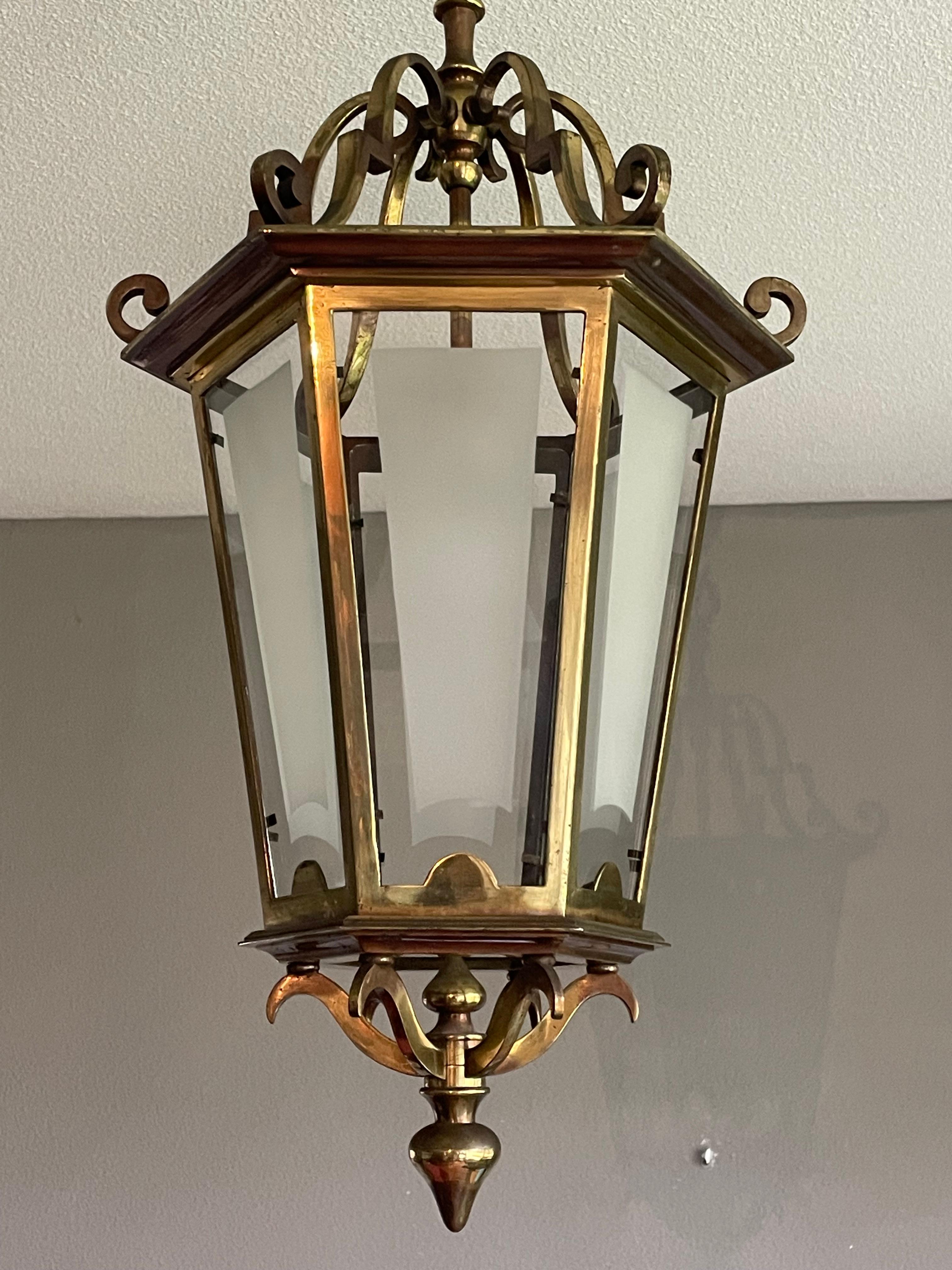 20th Century Antique French Brass Hall Lantern / Pendant Light with 6 Stylish Glass Panels