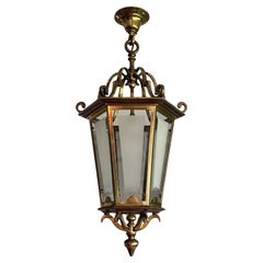 Antique French Brass Hall Lantern / Pendant Light with 6 Stylish Glass Panels