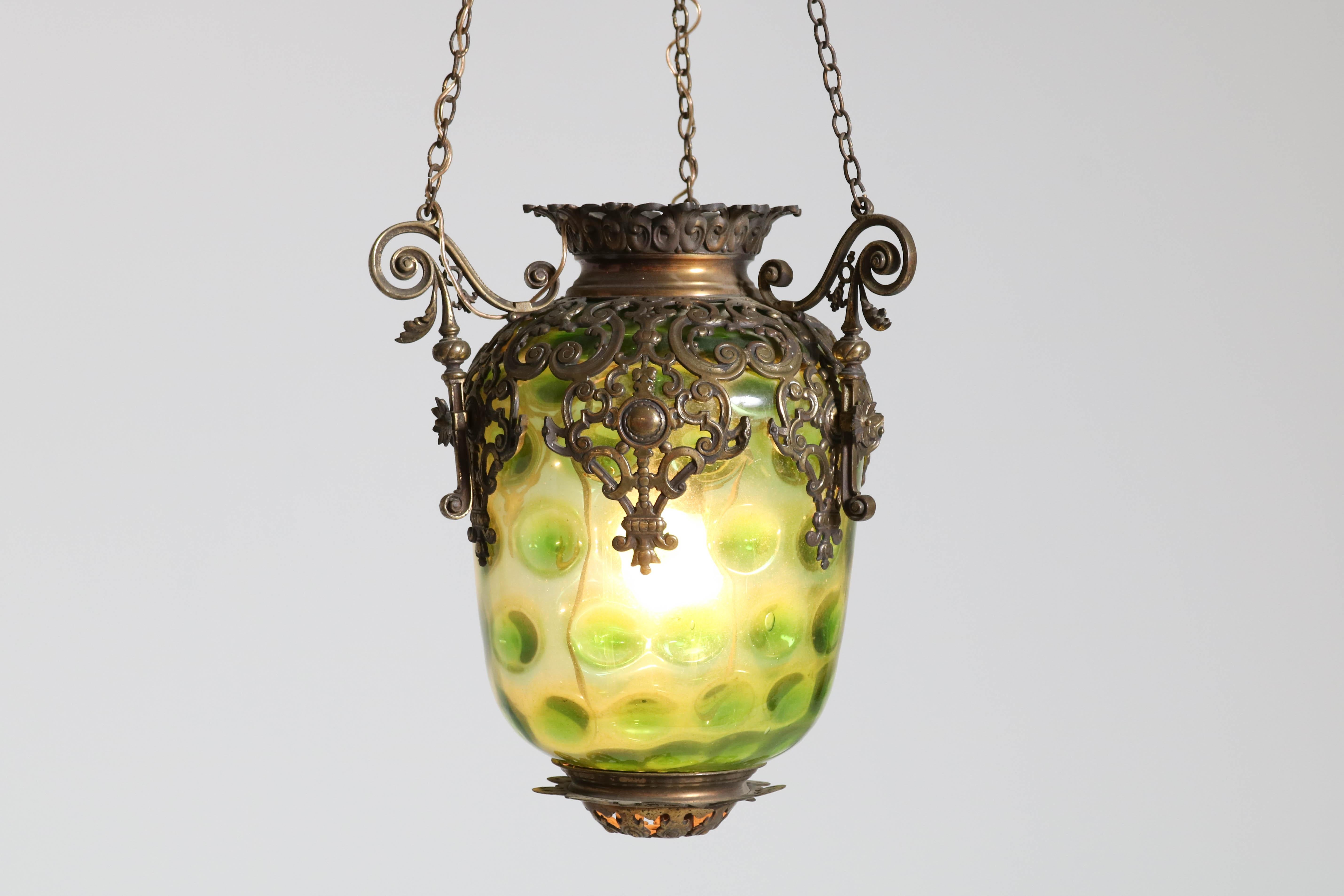 Belle Époque Antique French Brass Hall Lantern with Original Green Glass Shade, 1900s