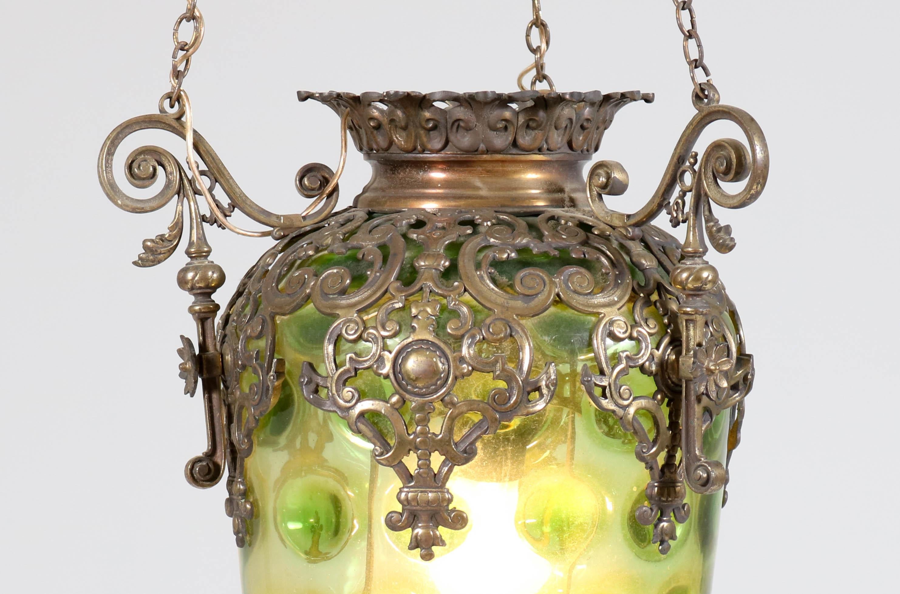 Early 20th Century Antique French Brass Hall Lantern with Original Green Glass Shade, 1900s