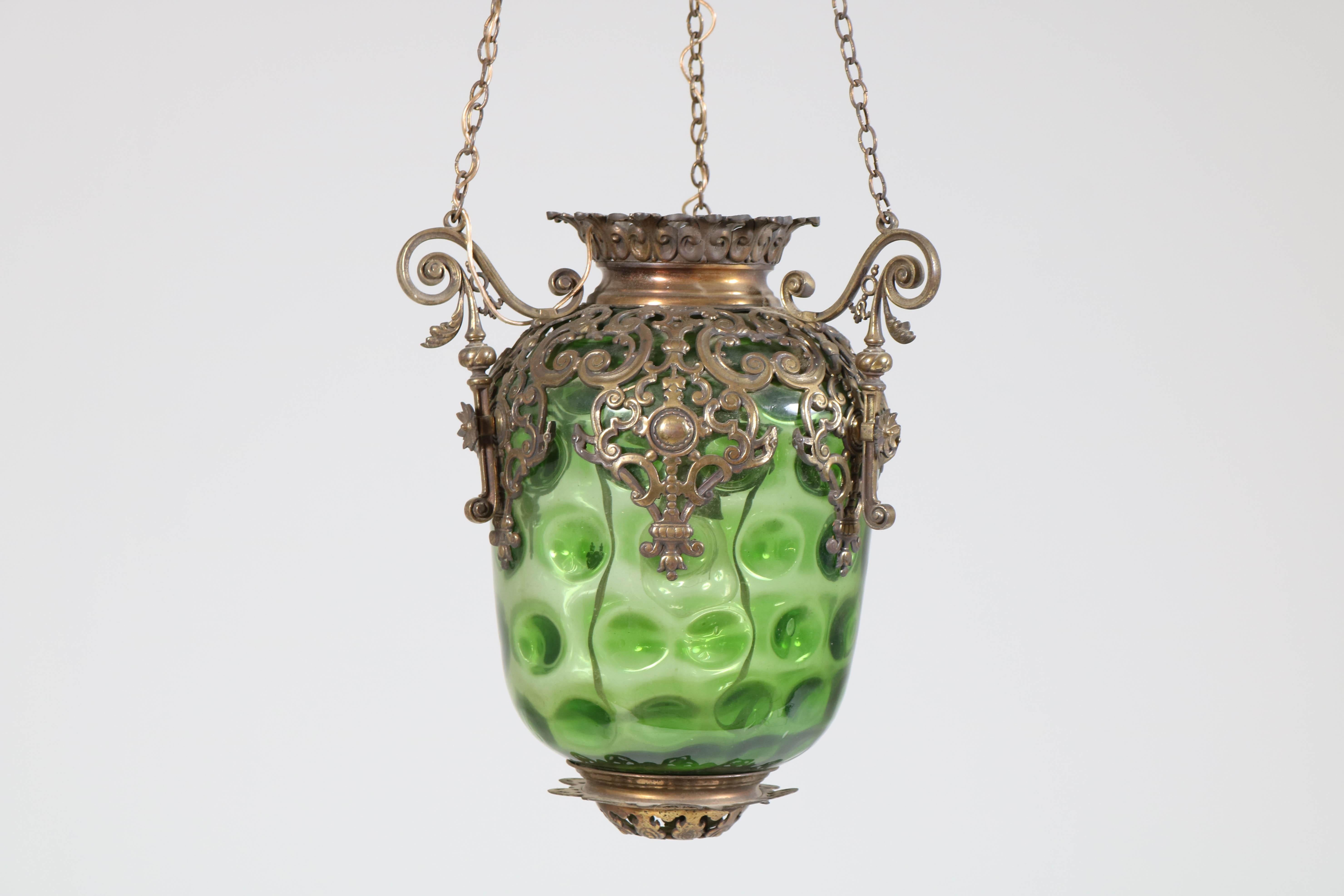 Antique French Brass Hall Lantern with Original Green Glass Shade, 1900s 3