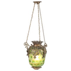 Antike französische Messing-Hallenlaterne mit original grünem Glasschirm, 1900er Jahre