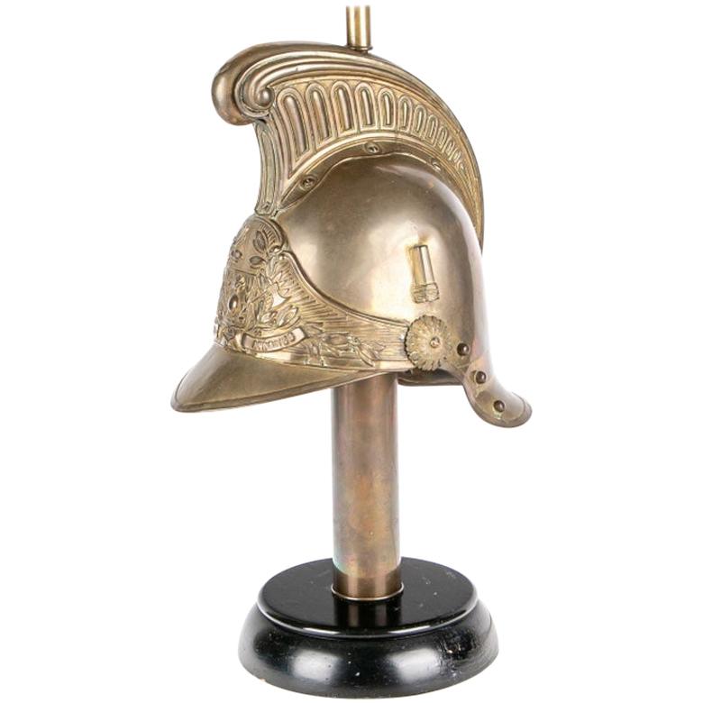 Antique French Brass Helmet Recreated as Lamp For Sale