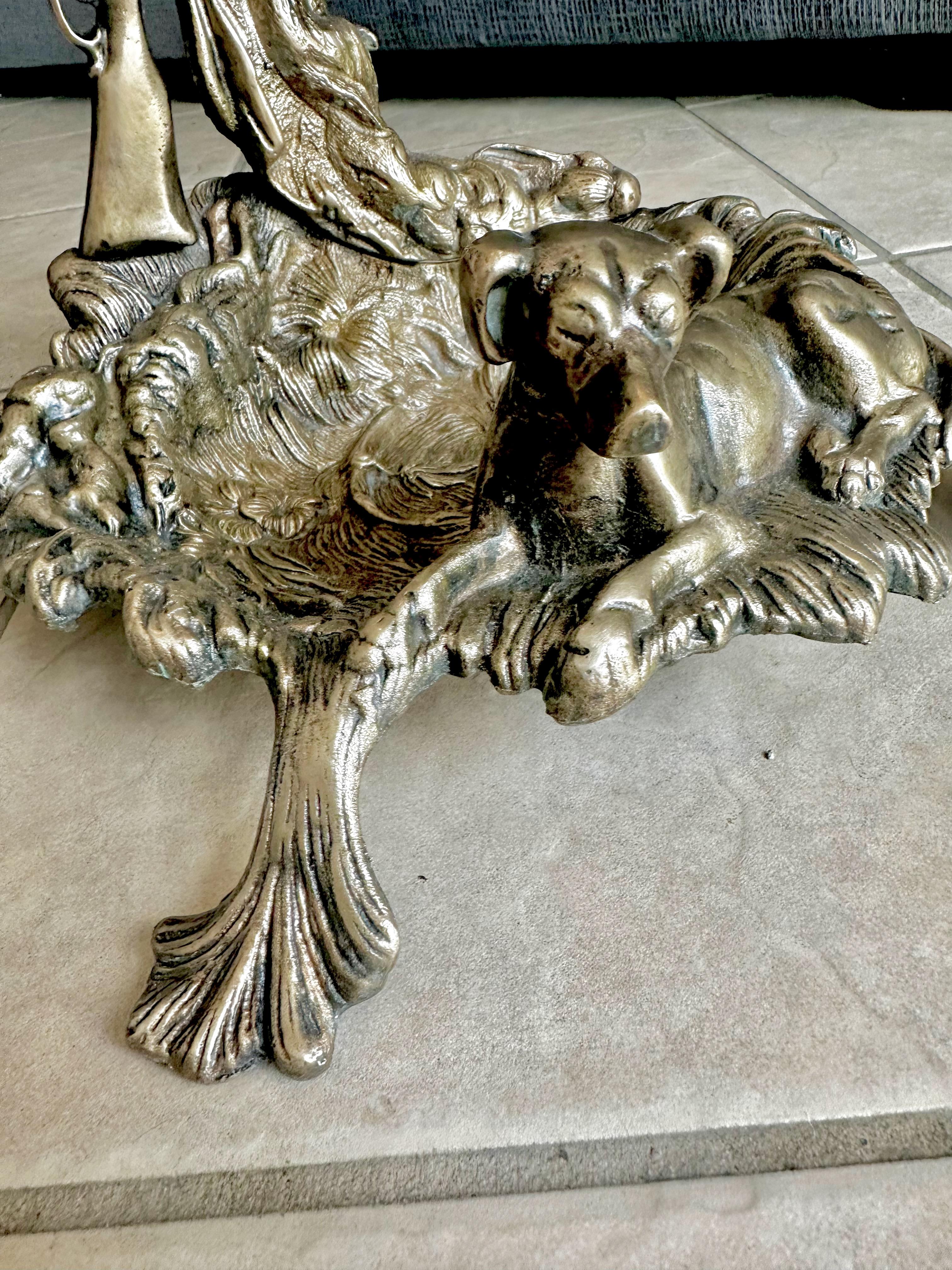 Antique French Brass Hunting Motif Fireplace Tools Set 1900s Hunting lodge For Sale 12