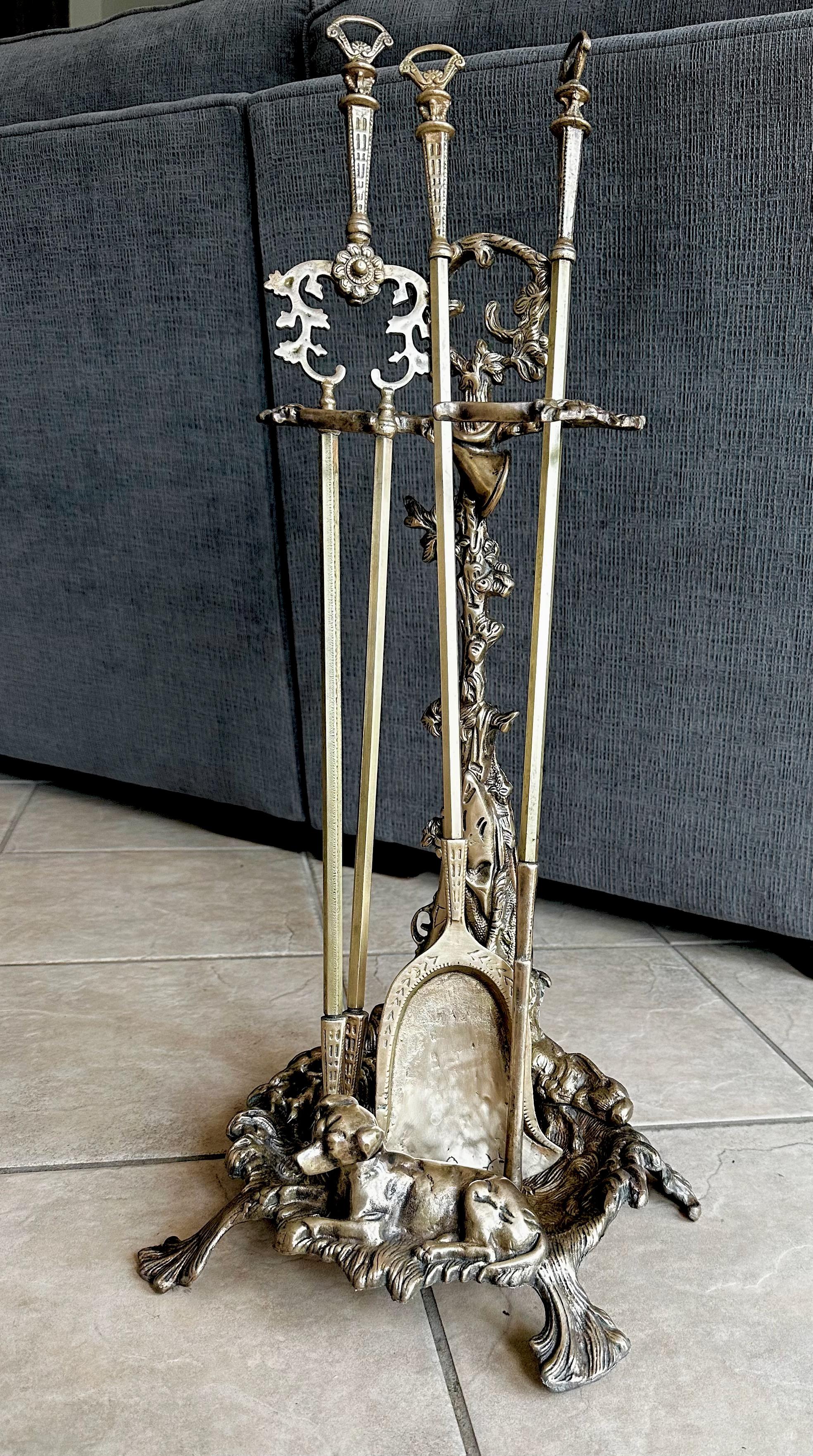 Early 20th Century Antique French Brass Hunting Motif Fireplace Tools Set 1900s Hunting lodge For Sale