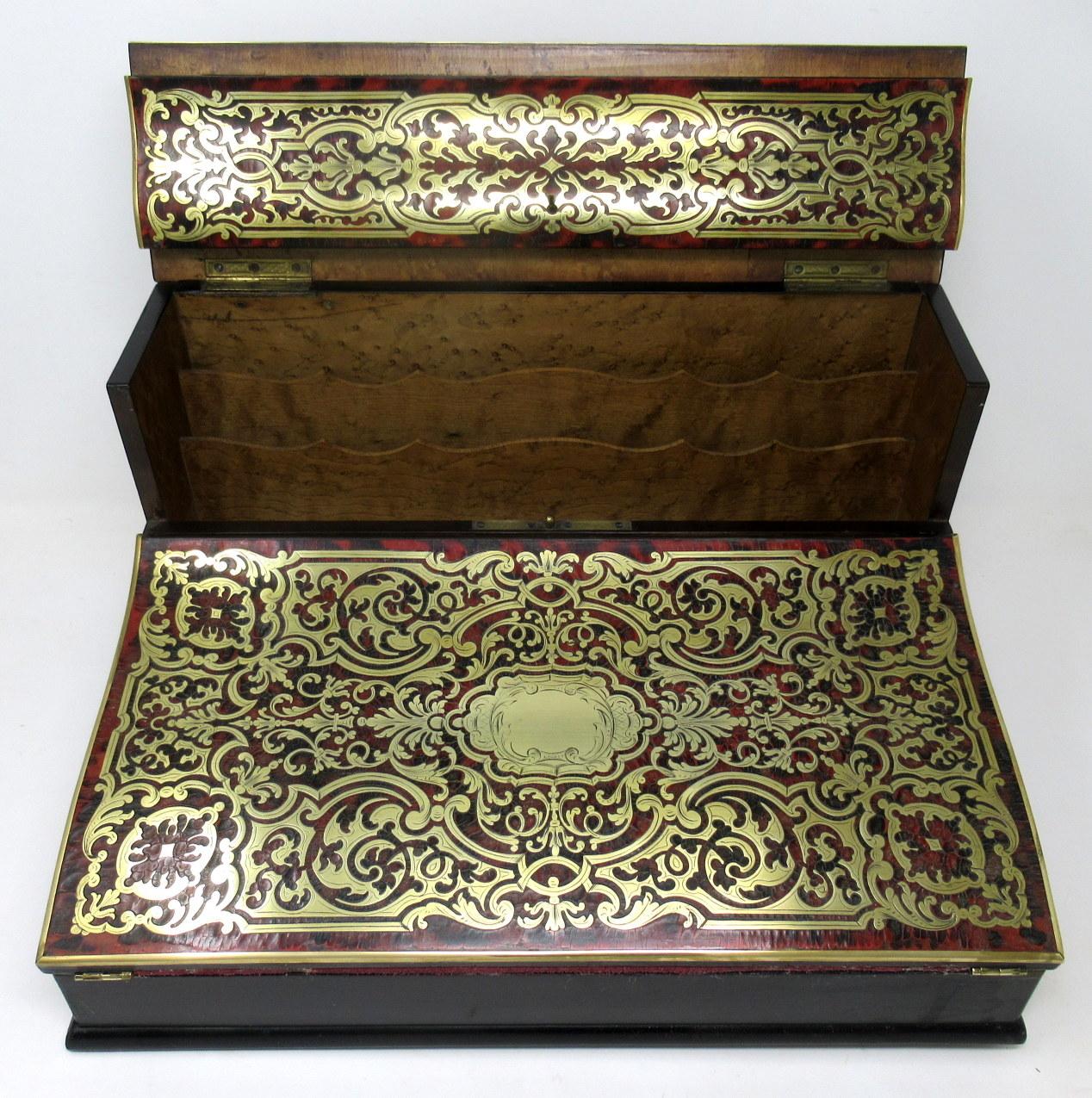 Antique French Brass Inlaid Ebony Boulle Mahogany Writing Slope Box 19Ct In Good Condition In Dublin, Ireland