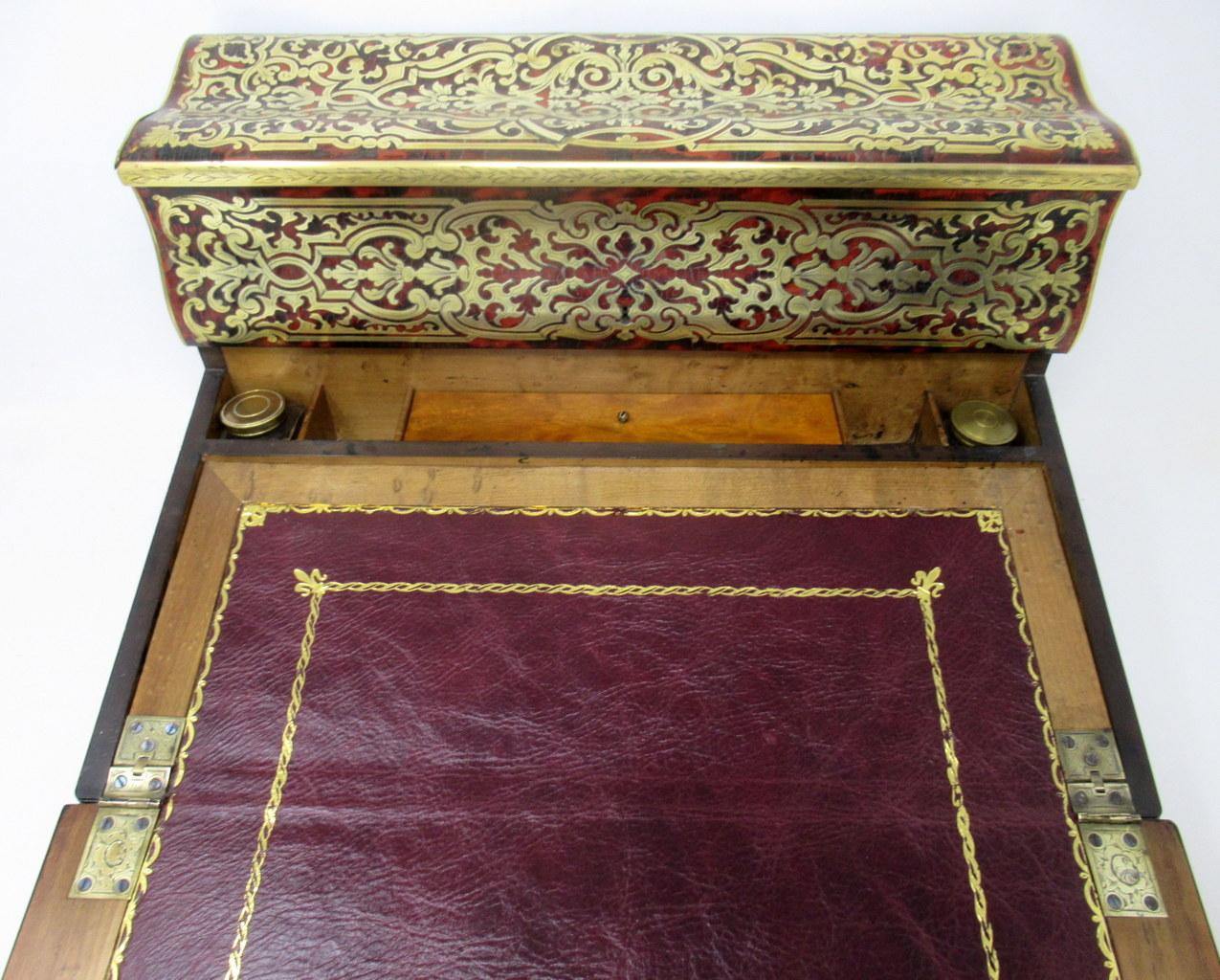 Antique French Brass Inlaid Ebony Boulle Mahogany Writing Slope Box 19Ct 1