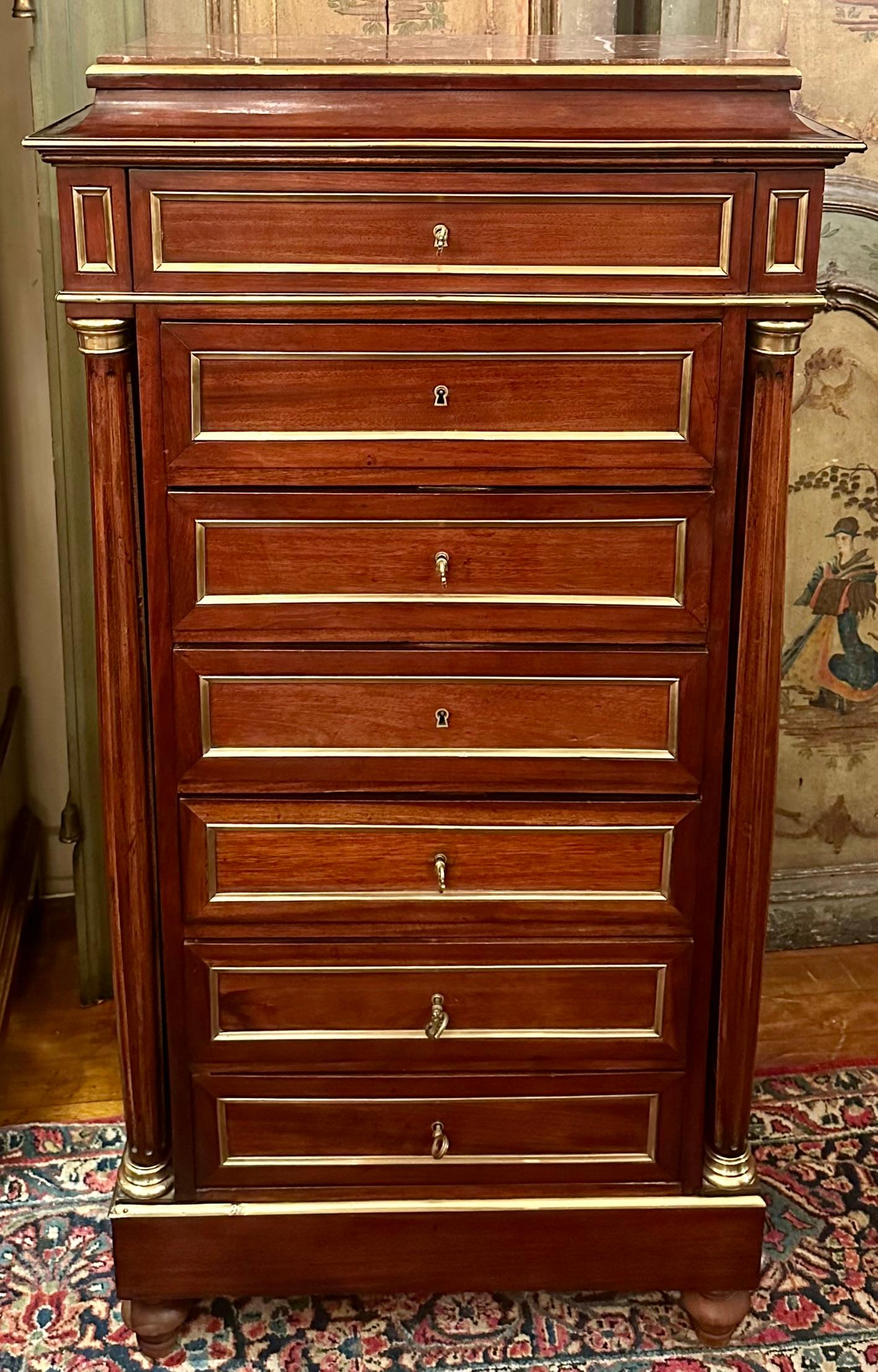 Antique French Brass Inlaid Mahogany Semainier Chest, Circa 1880. 
